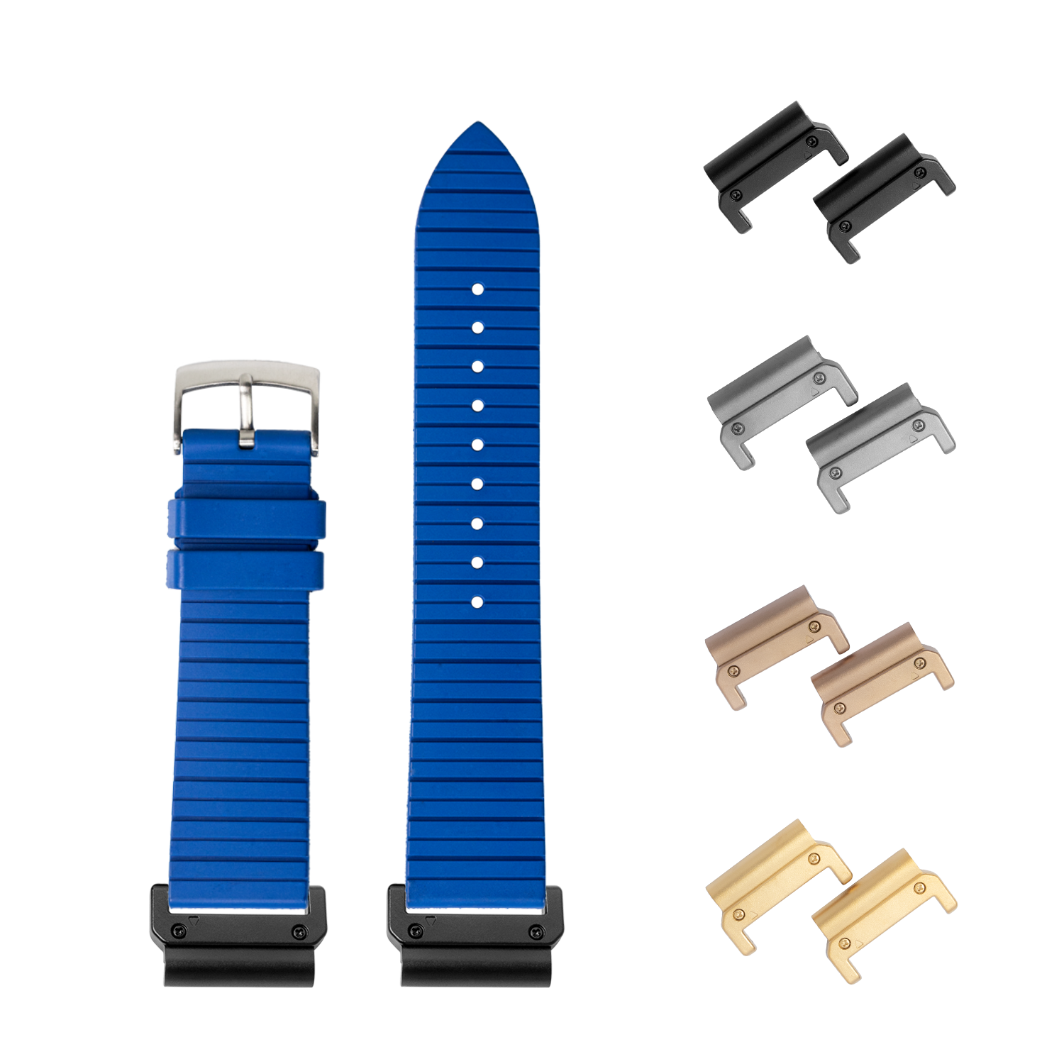 Royal blue QuickFit rubber watch strap with interchangeable metal lugs in multiple finishes