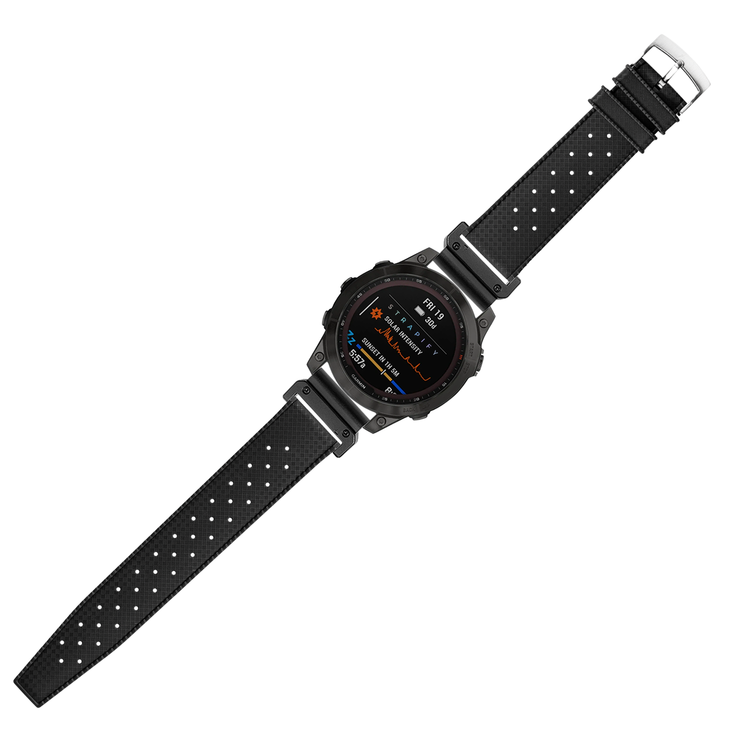 Black FKM rubber watch strap 26mm QuickFit with perforated ventilation holes and stainless steel buckle
