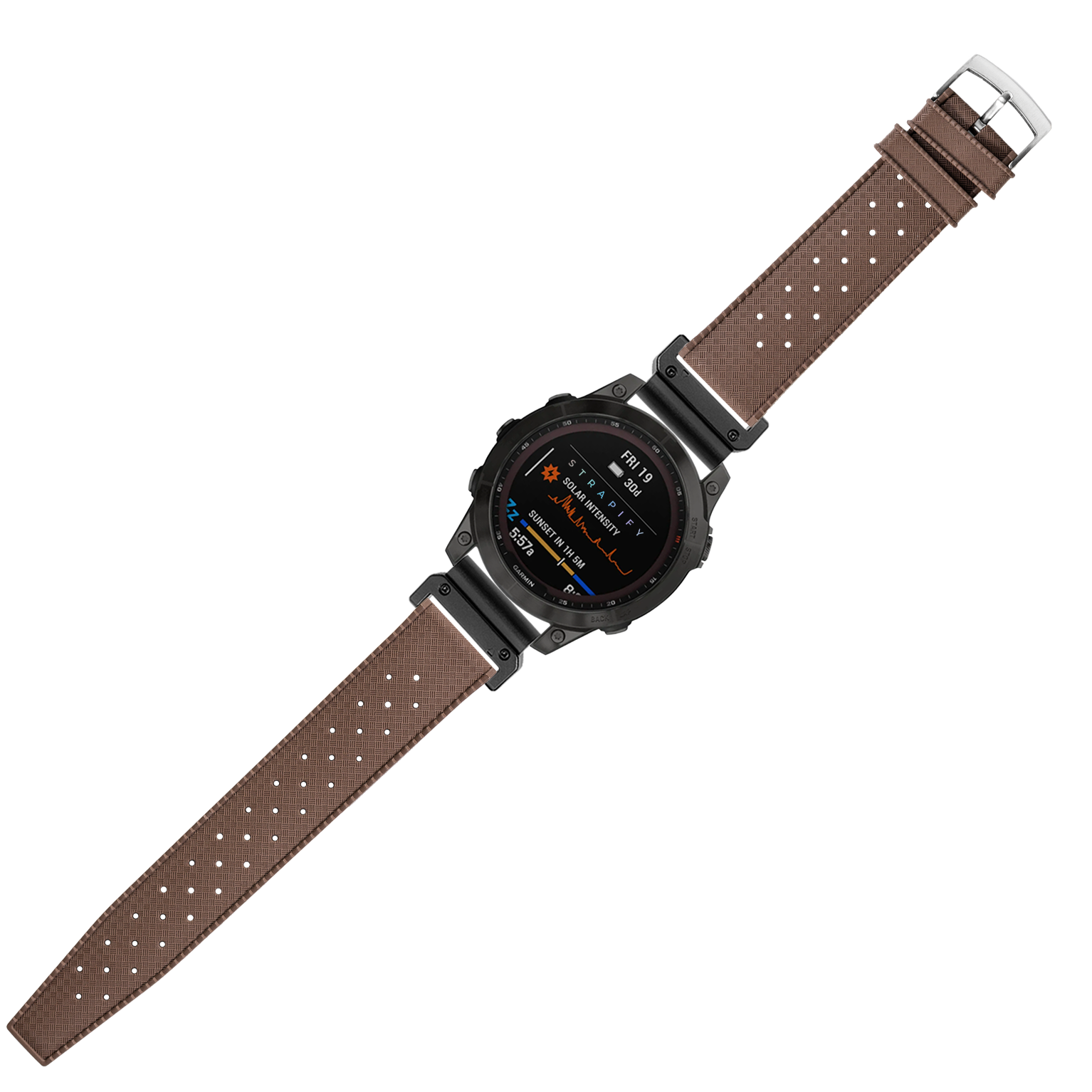 Black digital sports watch with brown perforated FKM rubber strap and metal lugs, displaying AMOLED screen with fitness metrics