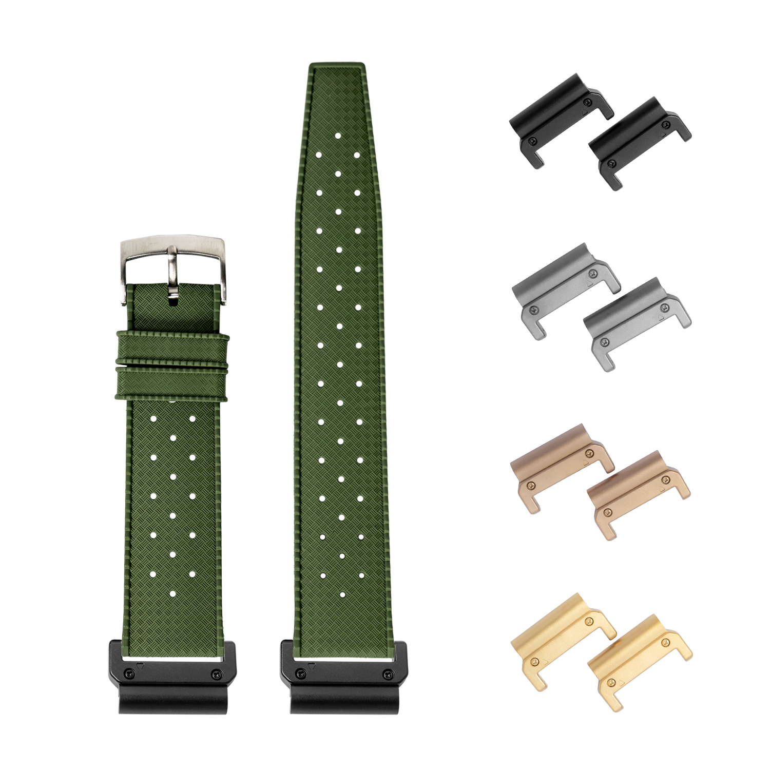 QuickFit King Tropic forest green FKM rubber watch strap with interchangeable lugs in multiple finishes