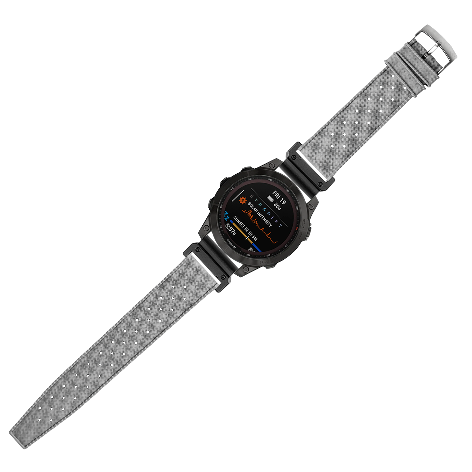 Black digital smartwatch with grey perforated rubber strap and AMOLED display showing fitness metrics and colorful data readouts