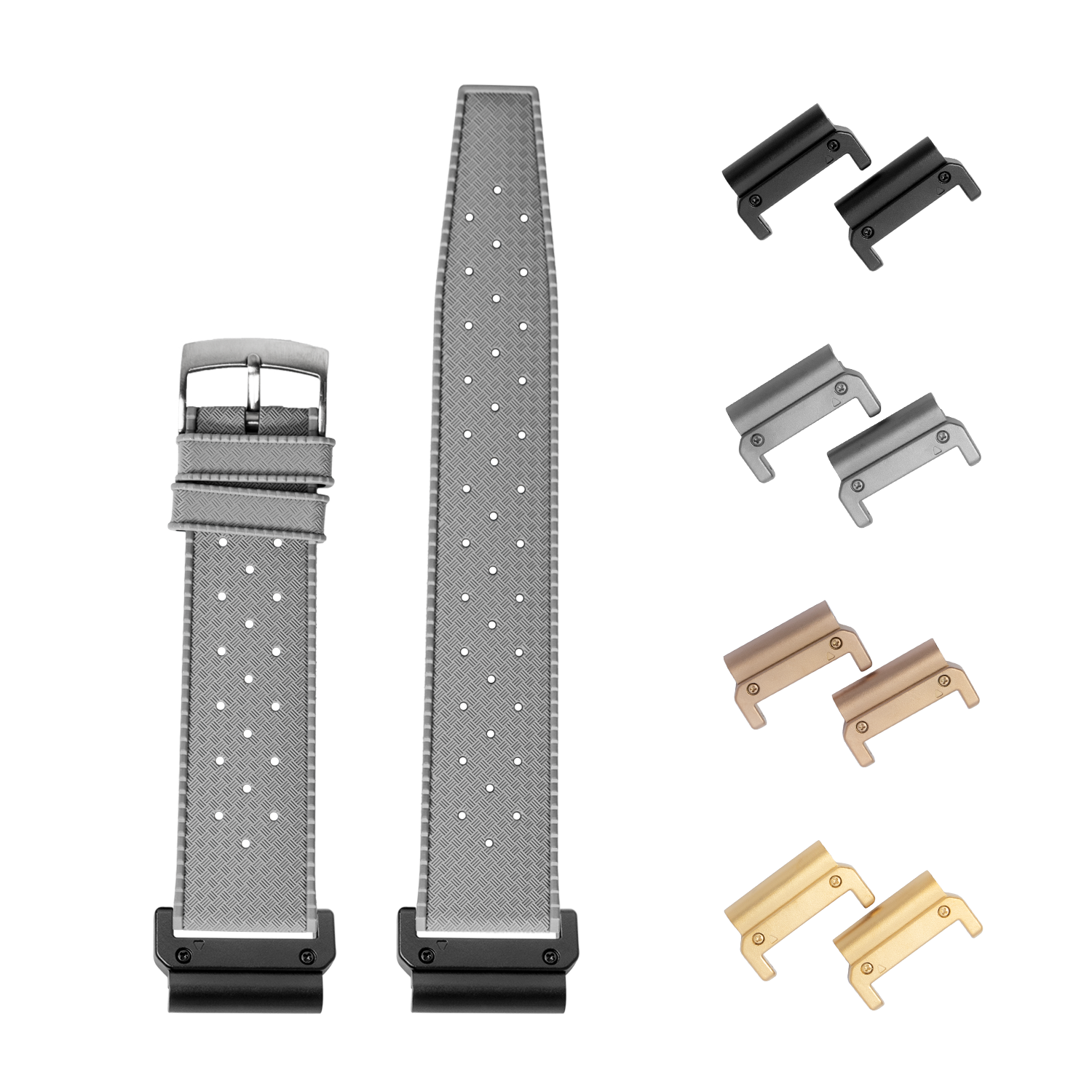QuickFit King Tropic FKM rubber watch band 26mm grey with interchangeable metal lugs in black, silver, rose gold and gold finishes