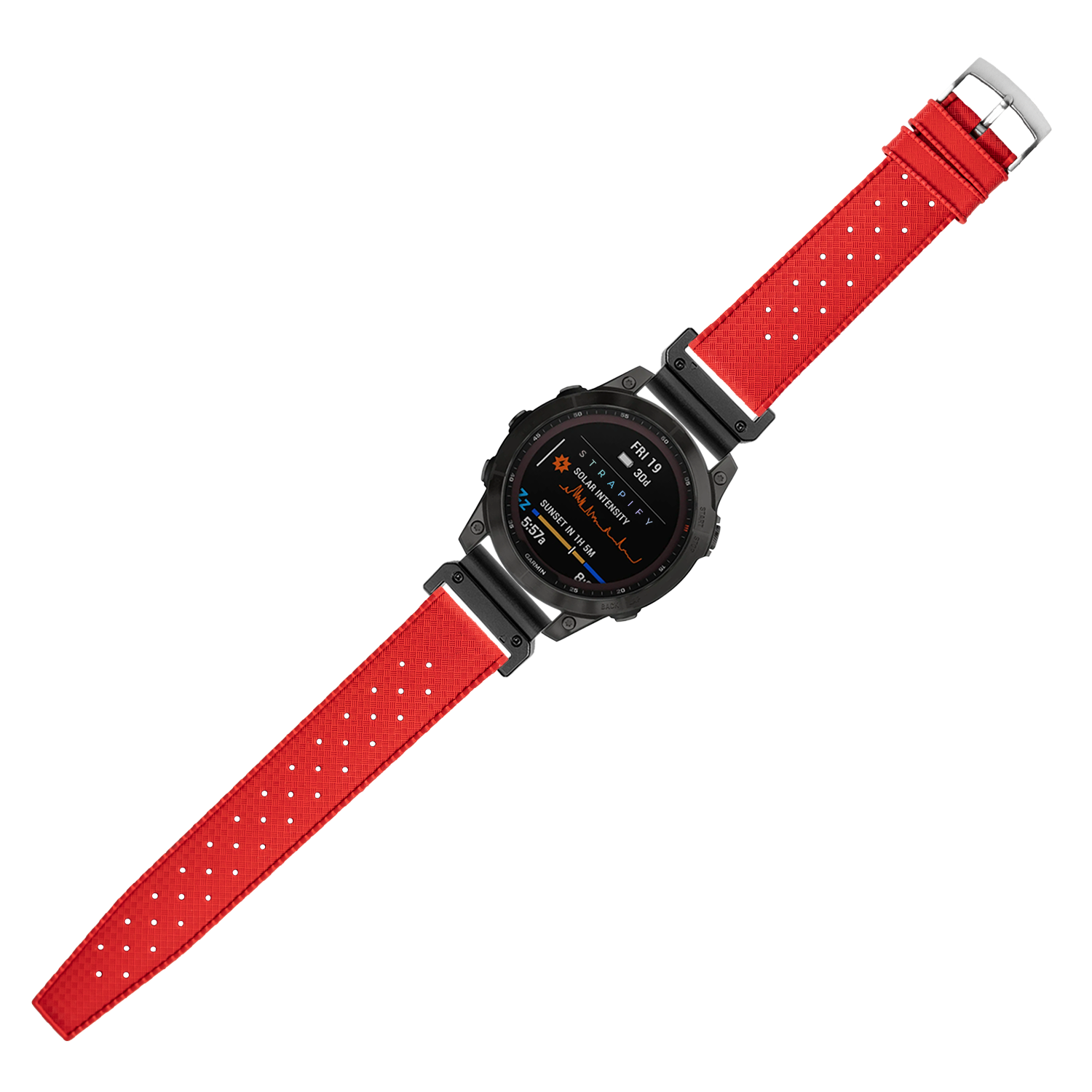 Red QuickFit King Tropic FKM rubber watch strap 26mm with perforated design and chrome buckle on black sports watch