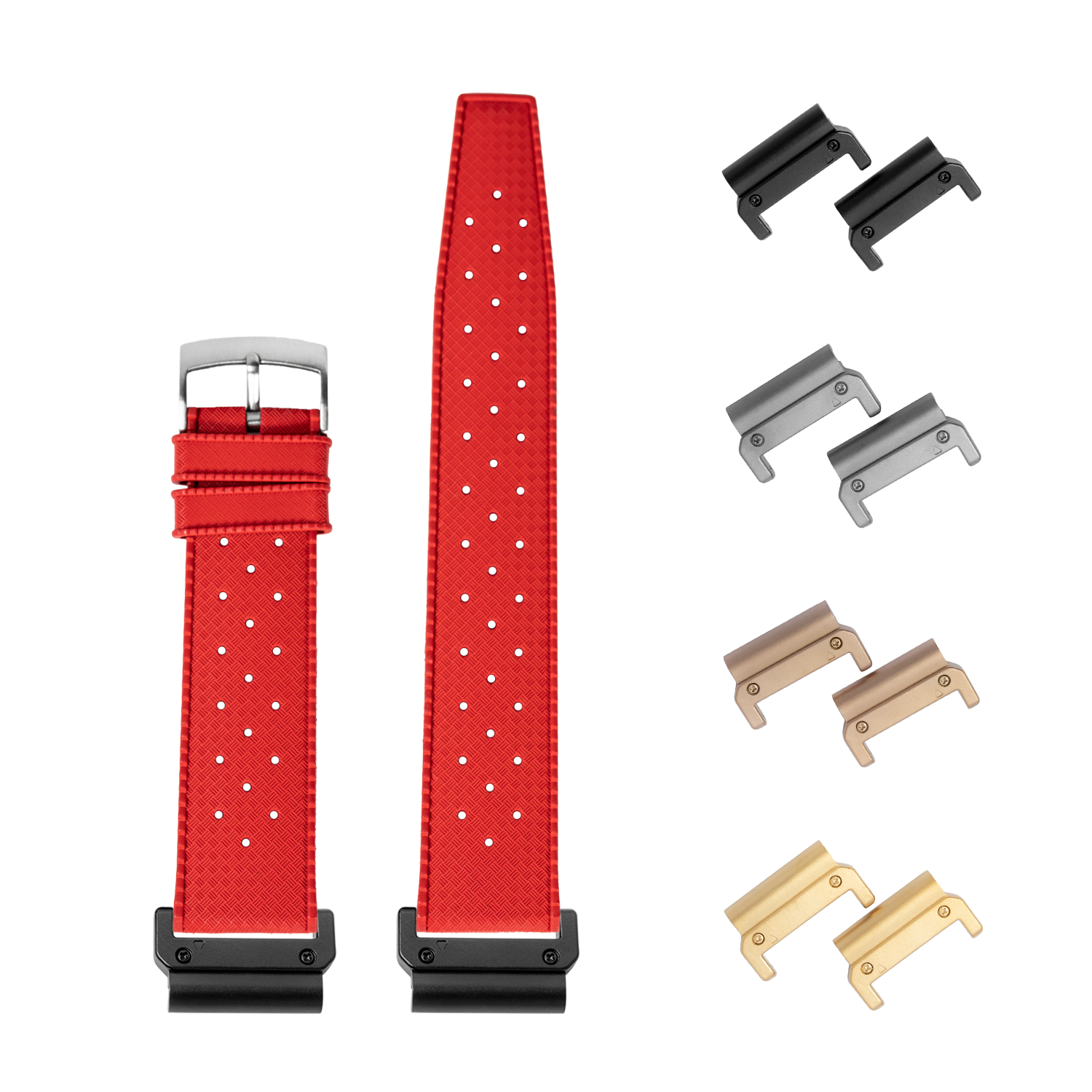 QuickFit King Tropic red FKM rubber watch strap 26mm with interchangeable metal hardware in black, silver, rose gold and gold finishes