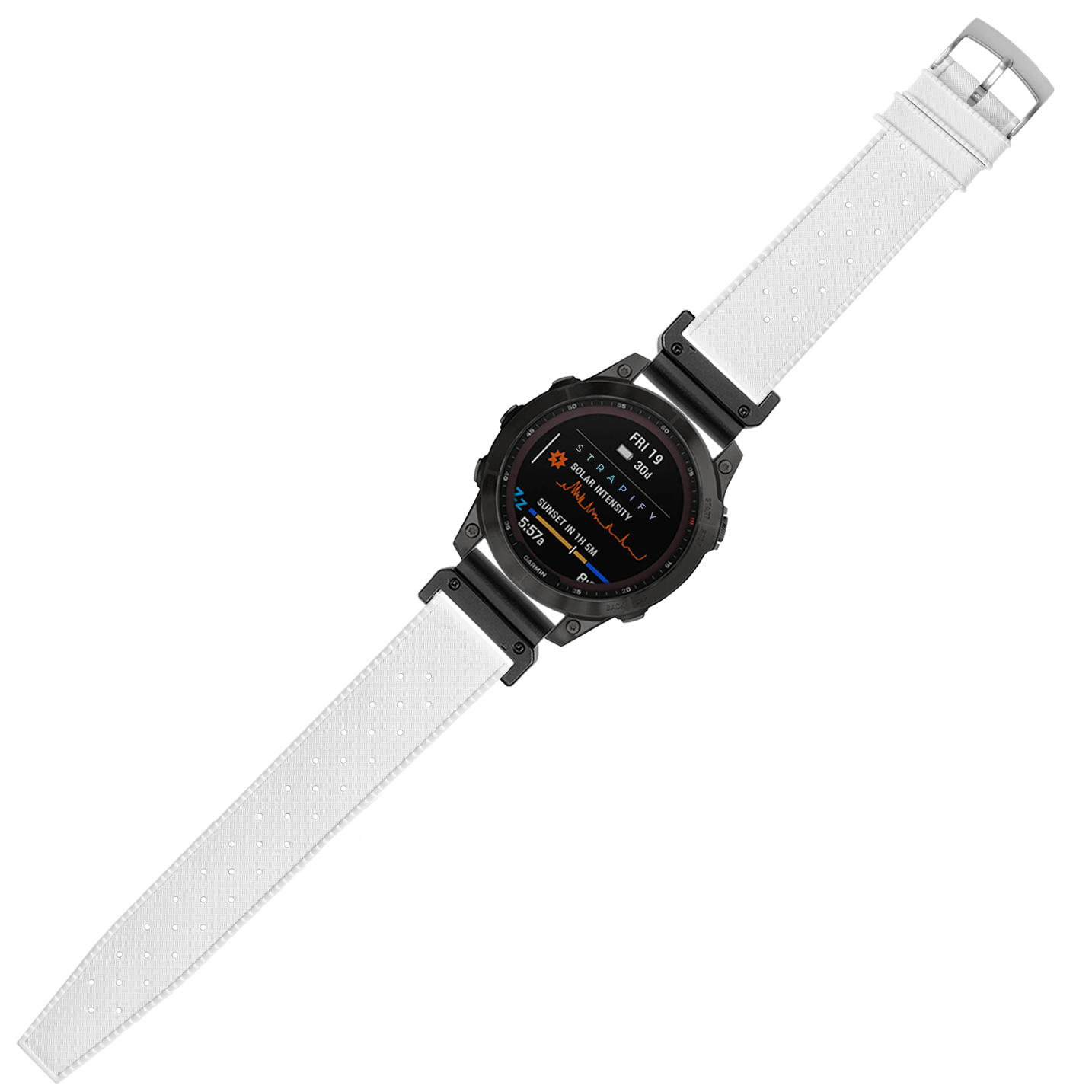 Black digital smartwatch with AMOLED display and white perforated FKM rubber strap, 26mm QuickFit band