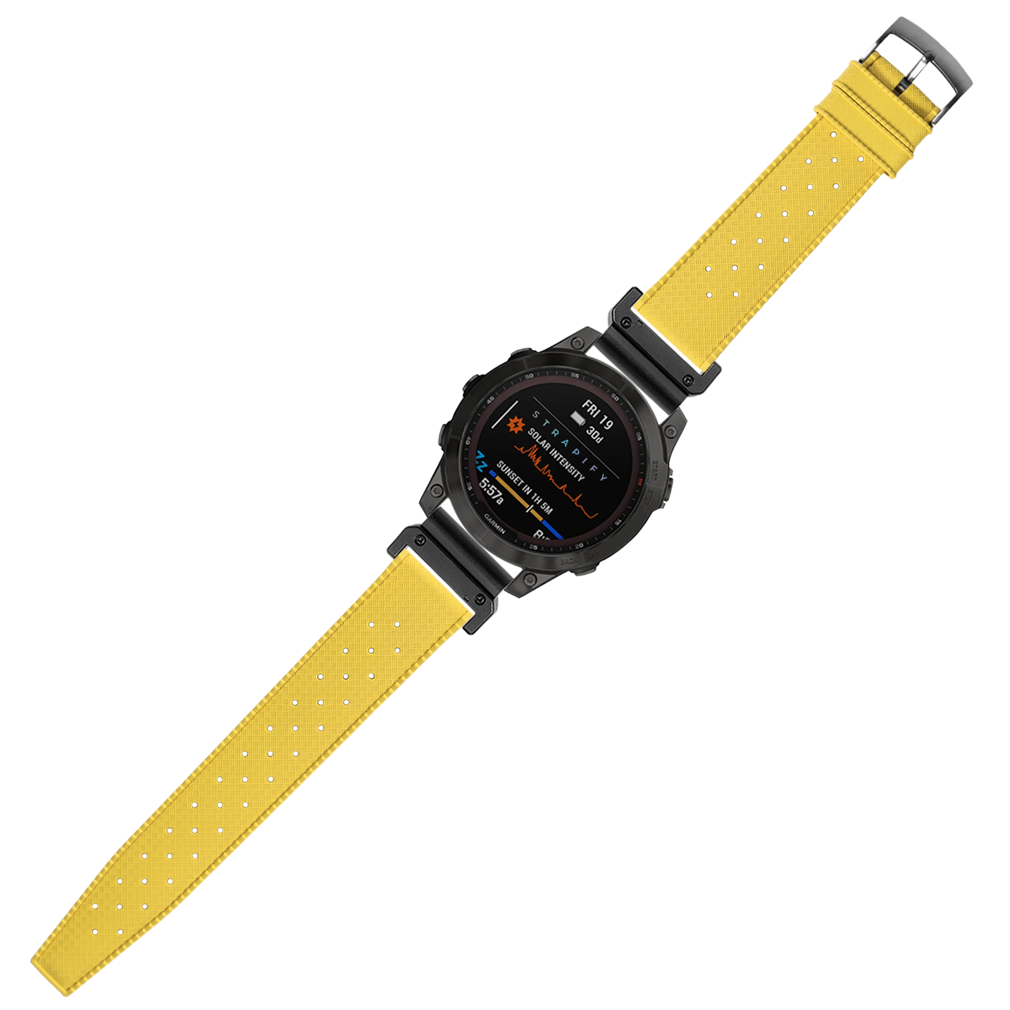 Yellow QuickFit King Tropic FKM rubber 26mm smartwatch band with perforated design and gunmetal hardware on black digital watch