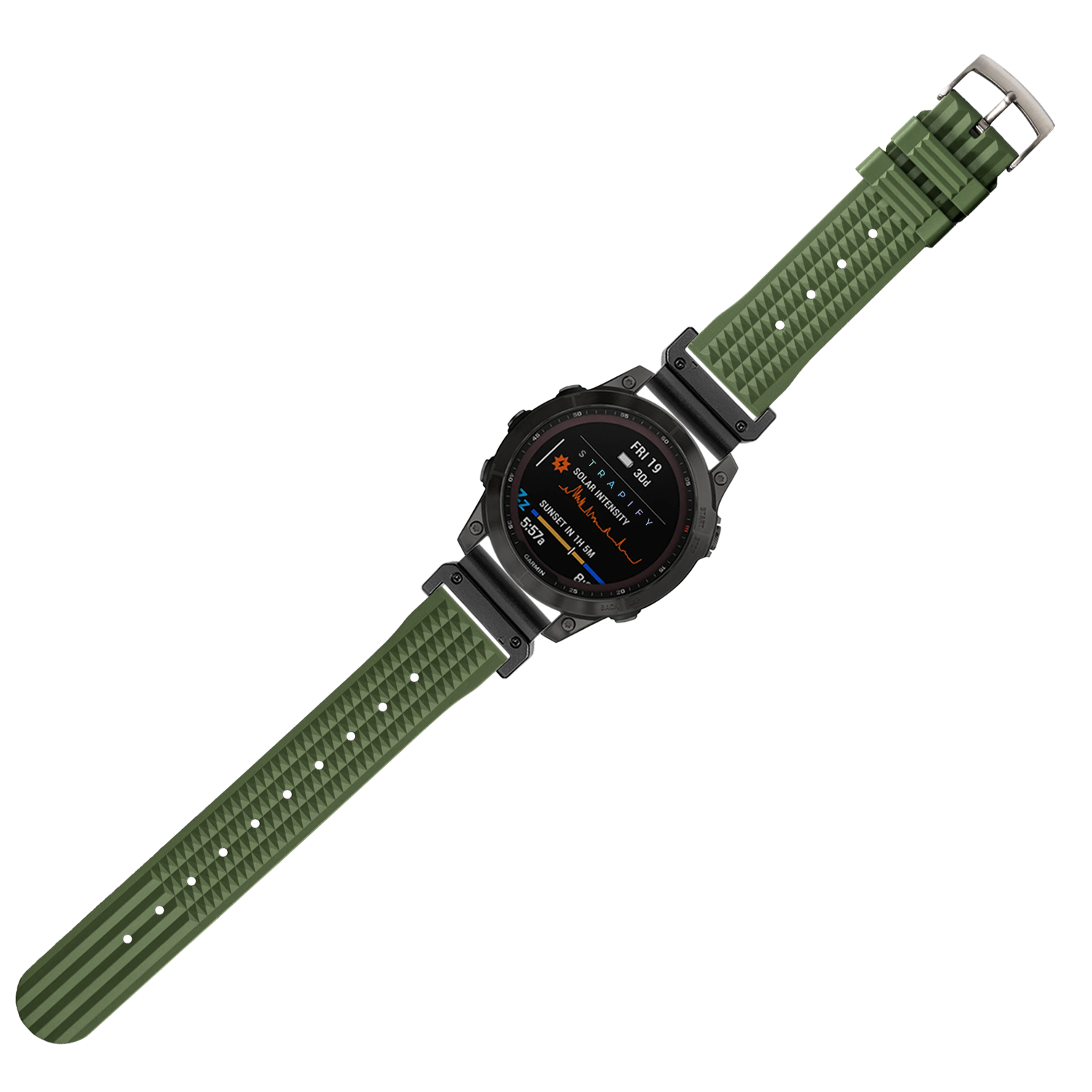 QuickFit King Waffle FKM rubber watch strap in army green, 26mm width with metal buckle on tactical sports watch