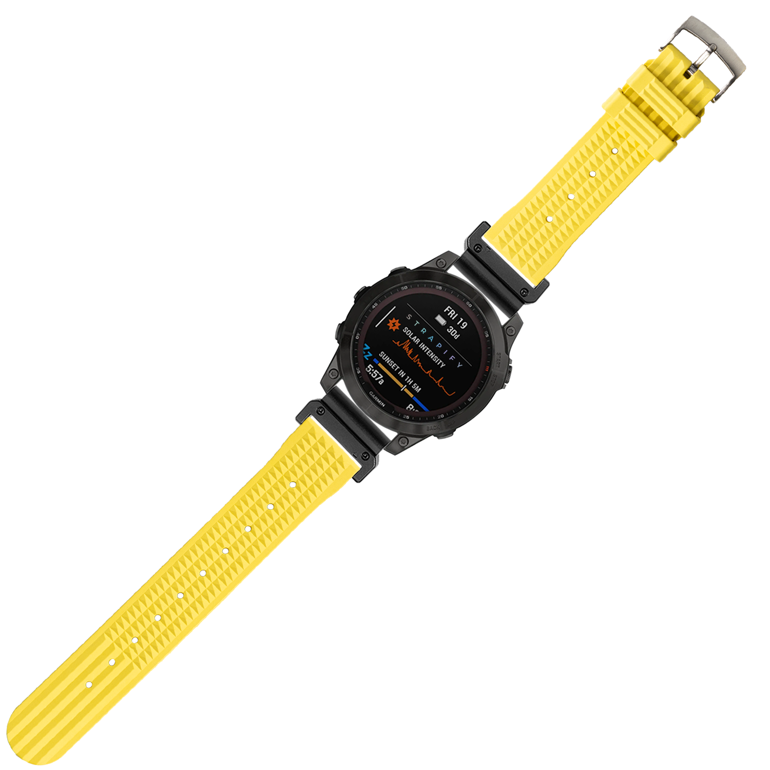 Black digital smartwatch with yellow textured FKM rubber strap, QuickFit 26mm band replacement for outdoor sports fitness tracking