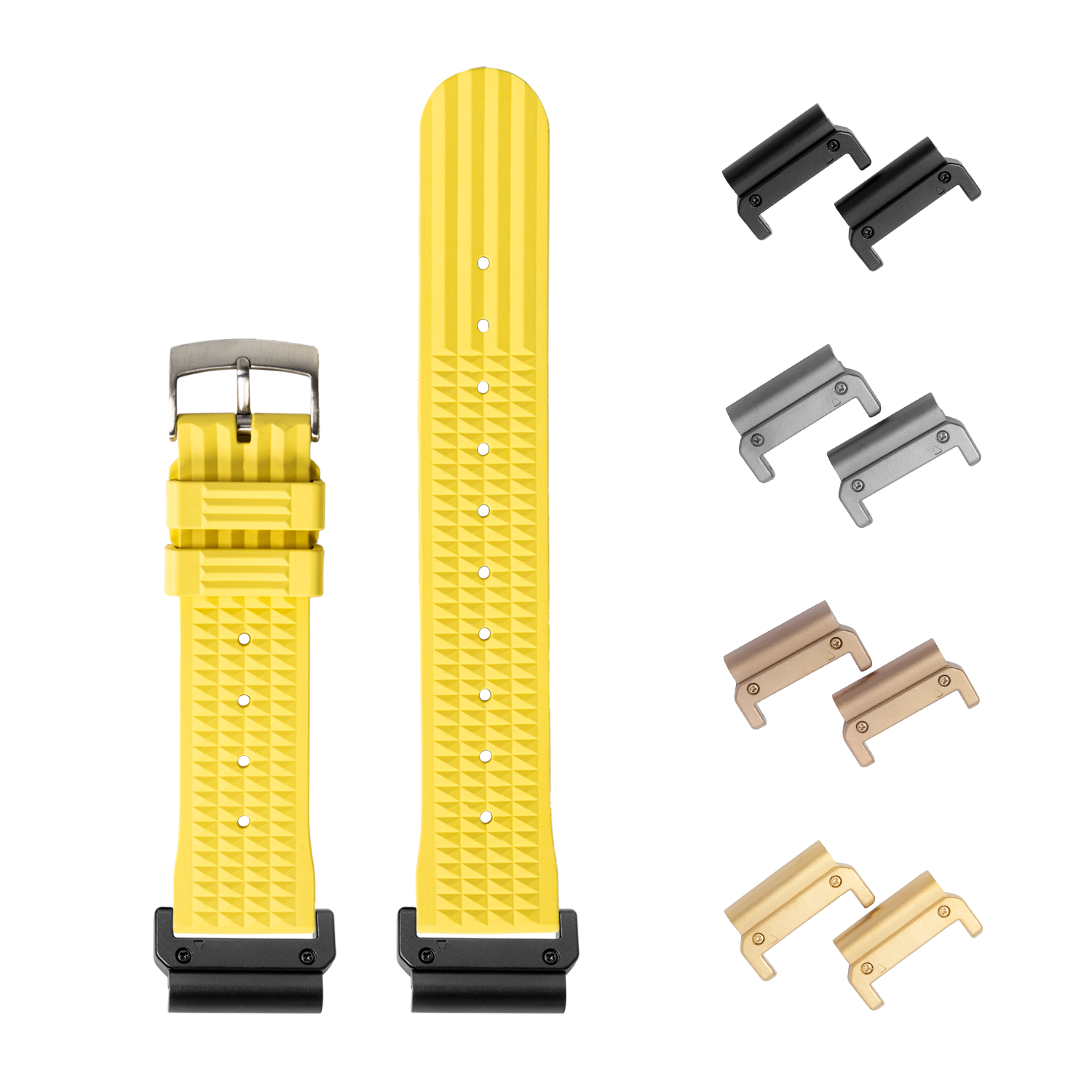 Yellow rubber watch band QuickFit system with interchangeable metal lugs in black, silver, rose gold and champagne finishes
