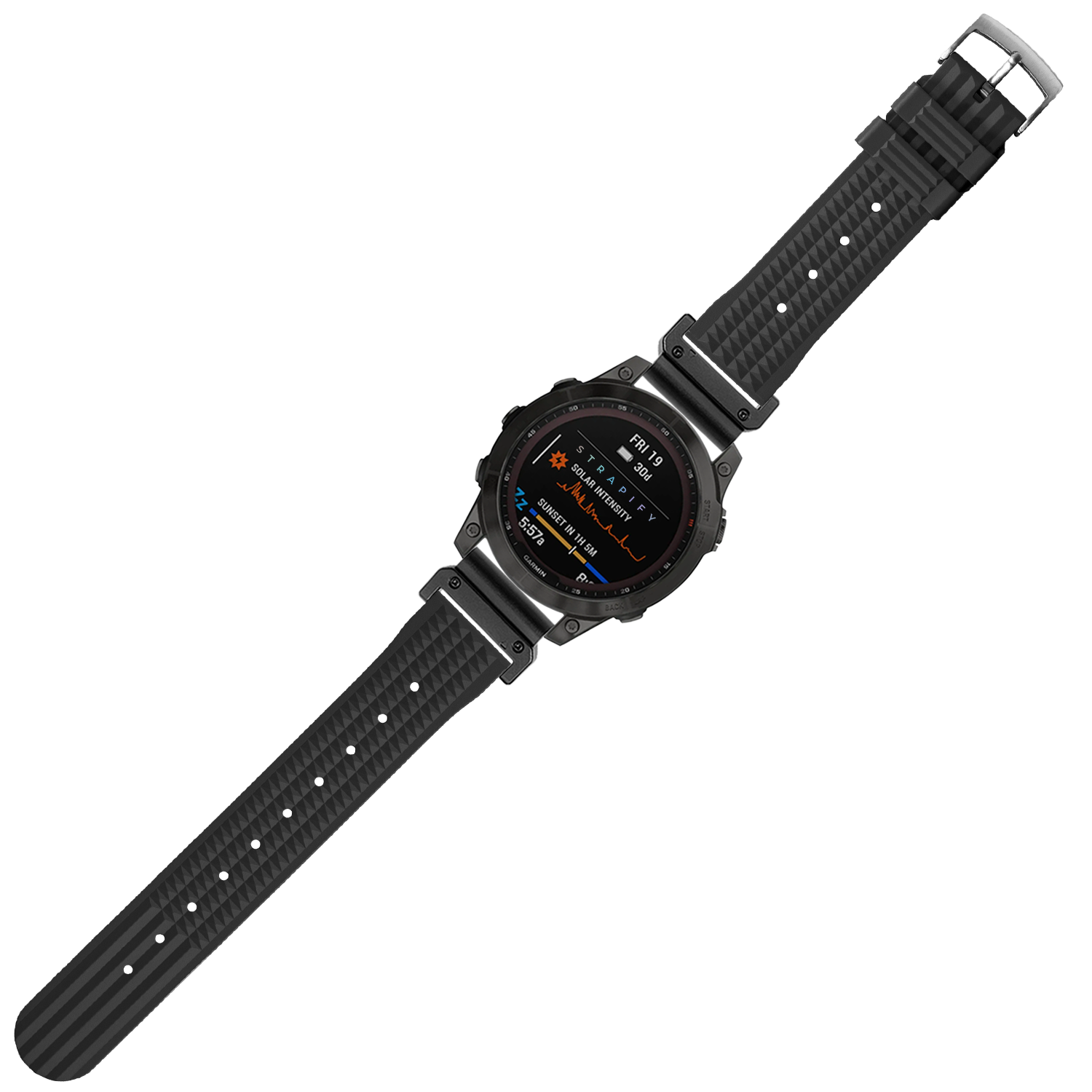 Black silicone rubber watch band 26mm with waffle texture pattern and adjustable pin buckle closure for sport smartwatch