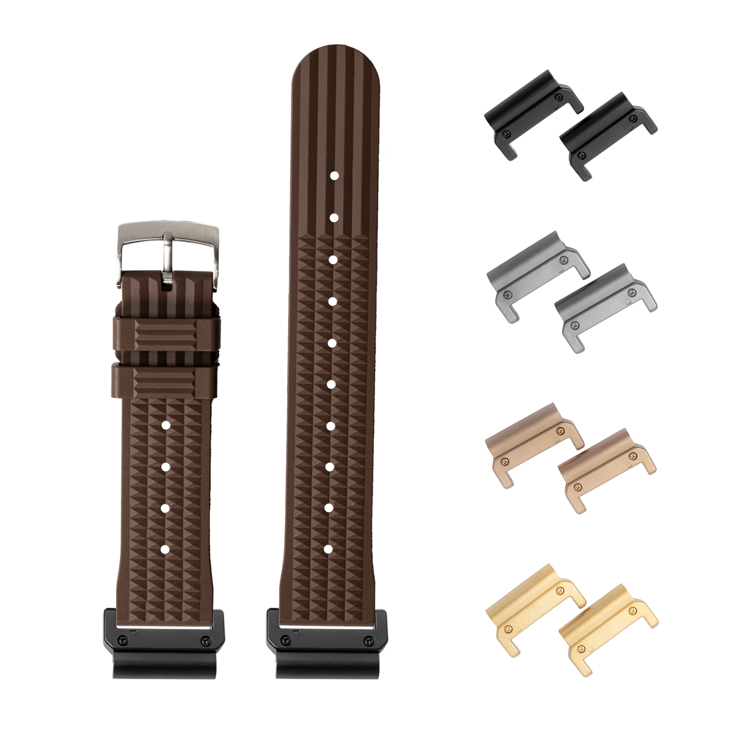 QuickFit King Waffle FKM rubber watch strap 26mm coffee brown with interchangeable lugs in black, silver, bronze and gold finishes