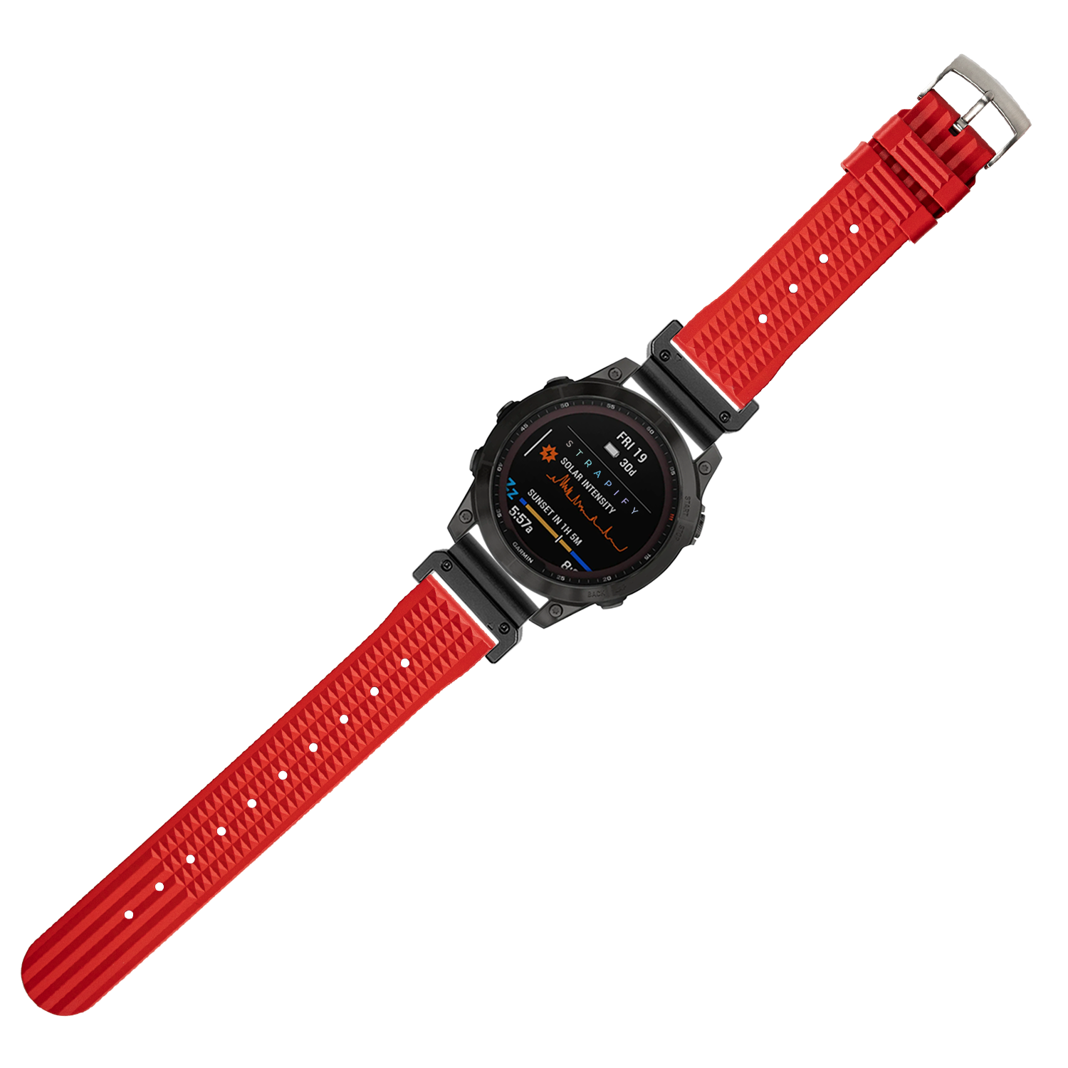 Black digital smartwatch with red waffle textured rubber strap and metal buckle, displaying fitness metrics on AMOLED screen