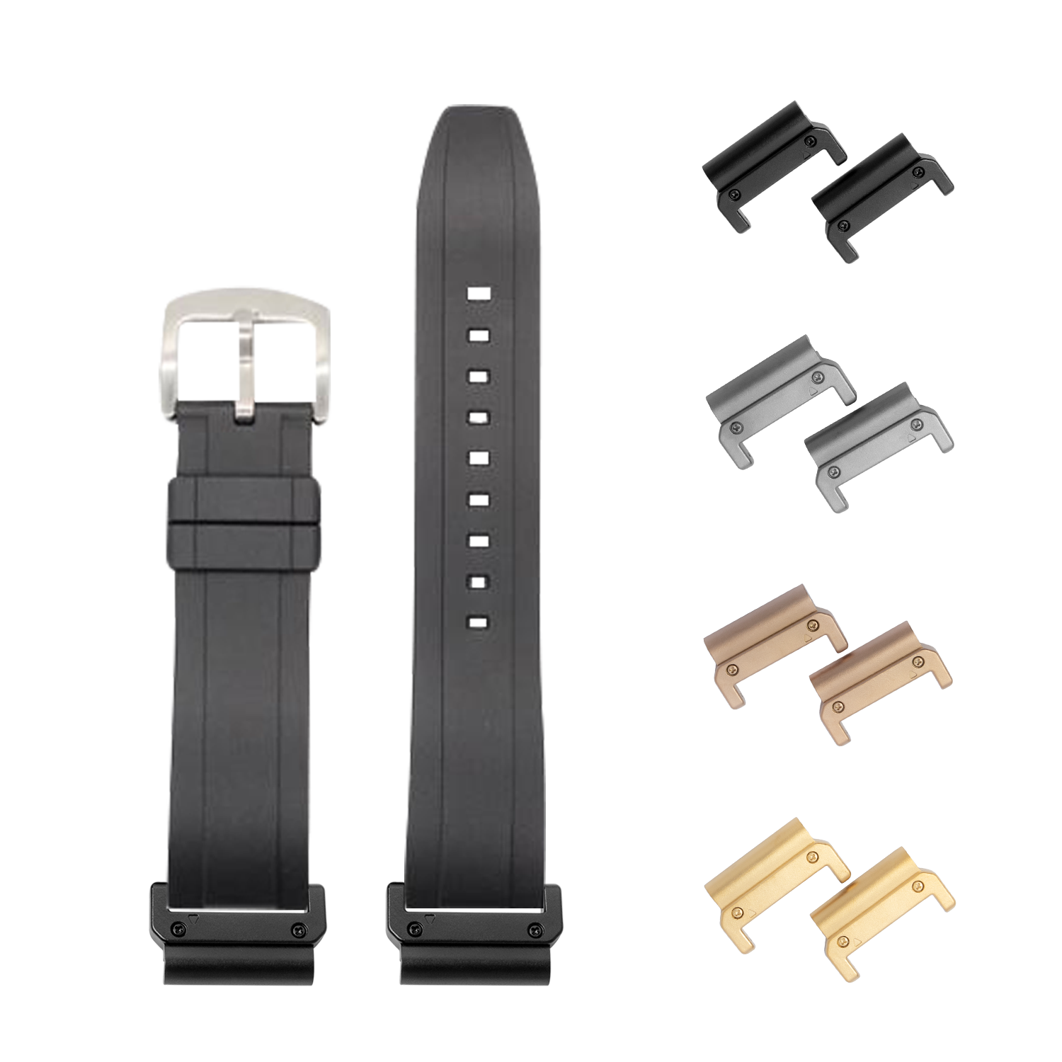 Kingston QuickFit black rubber watch band 26mm with interchangeable metal lugs in multiple finishes