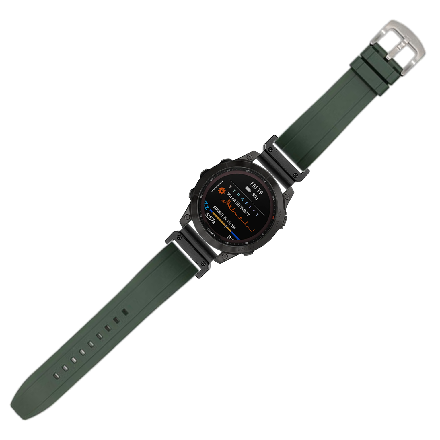 Black digital smartwatch with forest green rubber strap and metal hardware, displaying fitness metrics on AMOLED screen