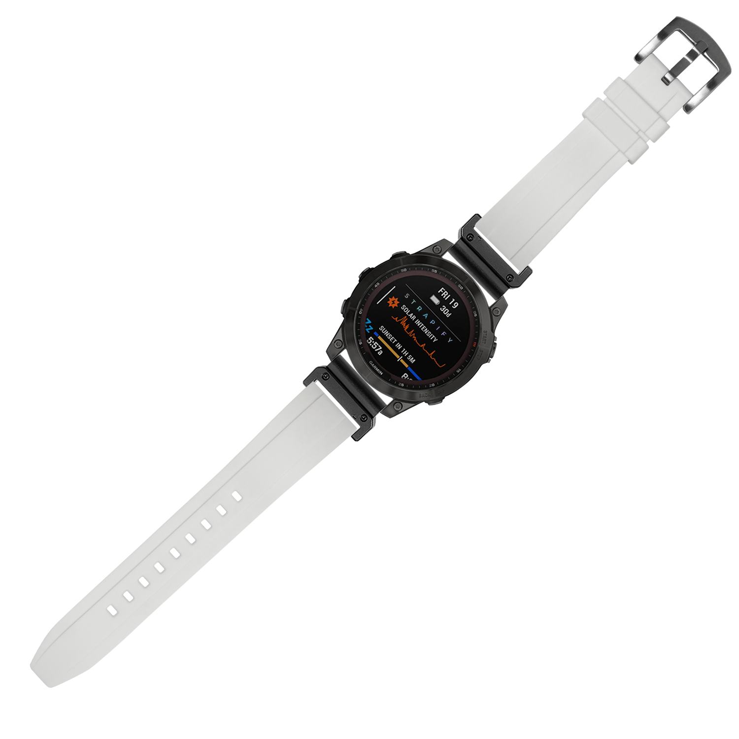 Black digital smartwatch with ice white silicone band and colorful AMOLED display showing health metrics
