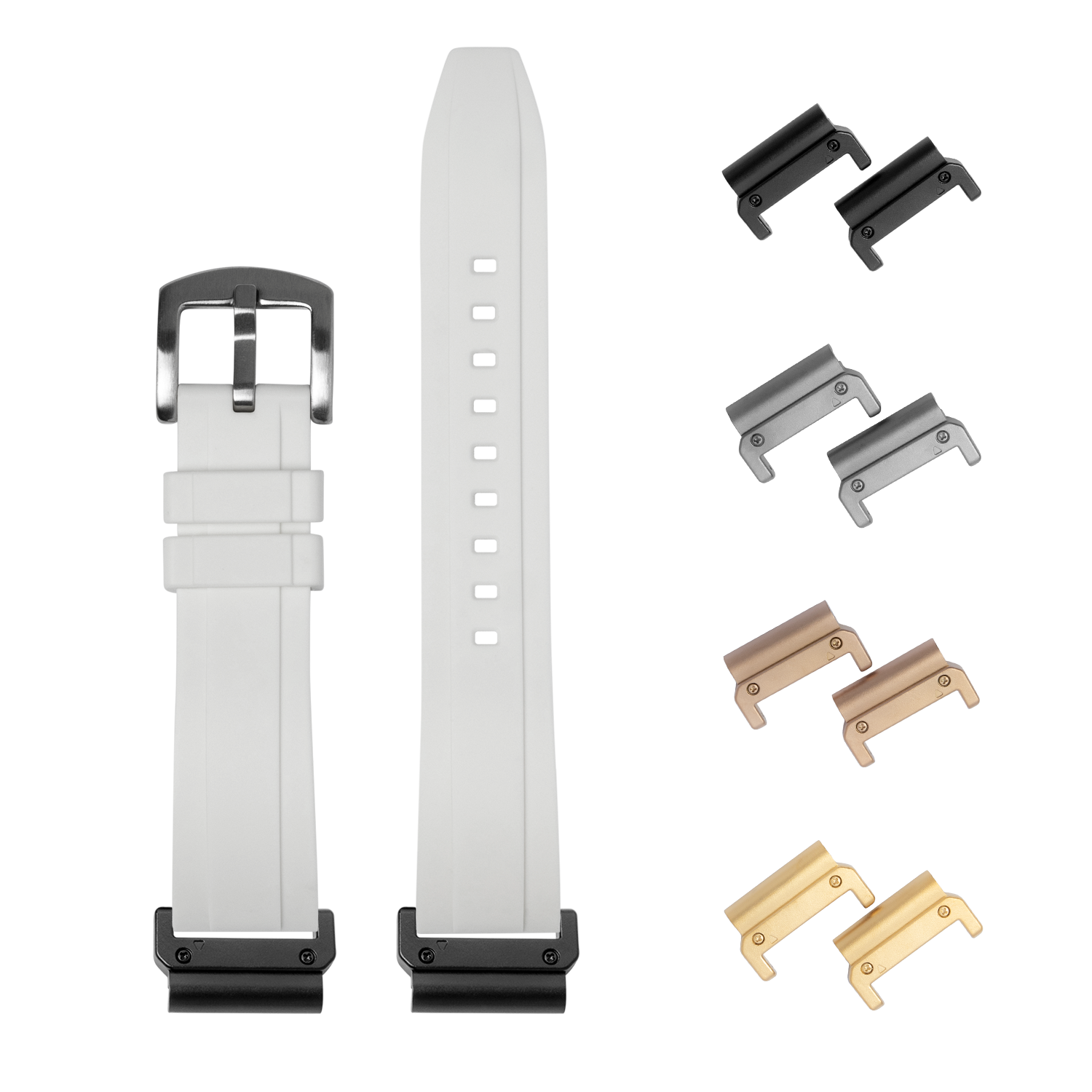 QuickFit Kingston FKM rubber watch strap ice white 26mm with interchangeable metal lugs in black, silver, rose gold and gold finishes