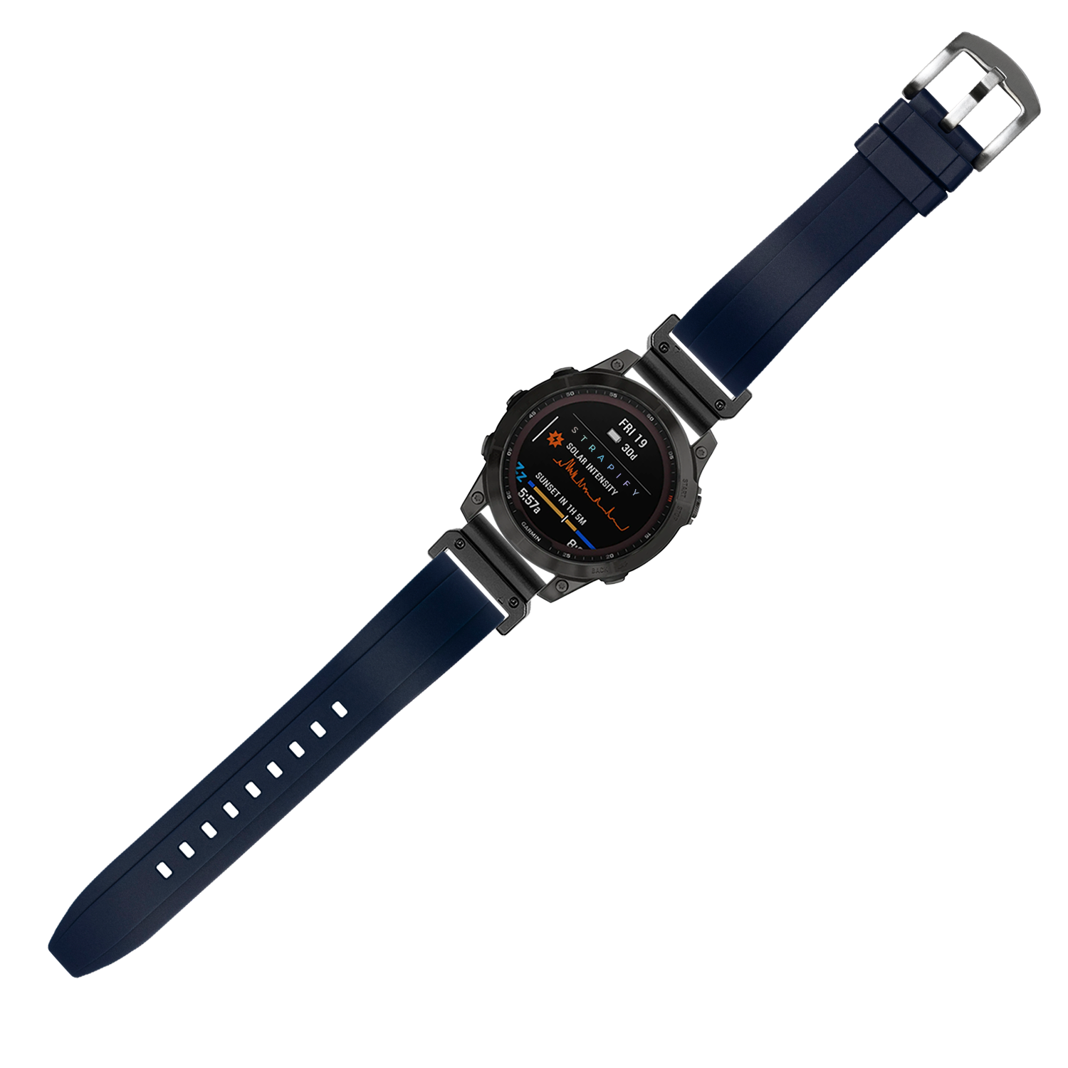 Black digital smartwatch with midnight blue FKM rubber strap and QuickFit band system, featuring AMOLED display