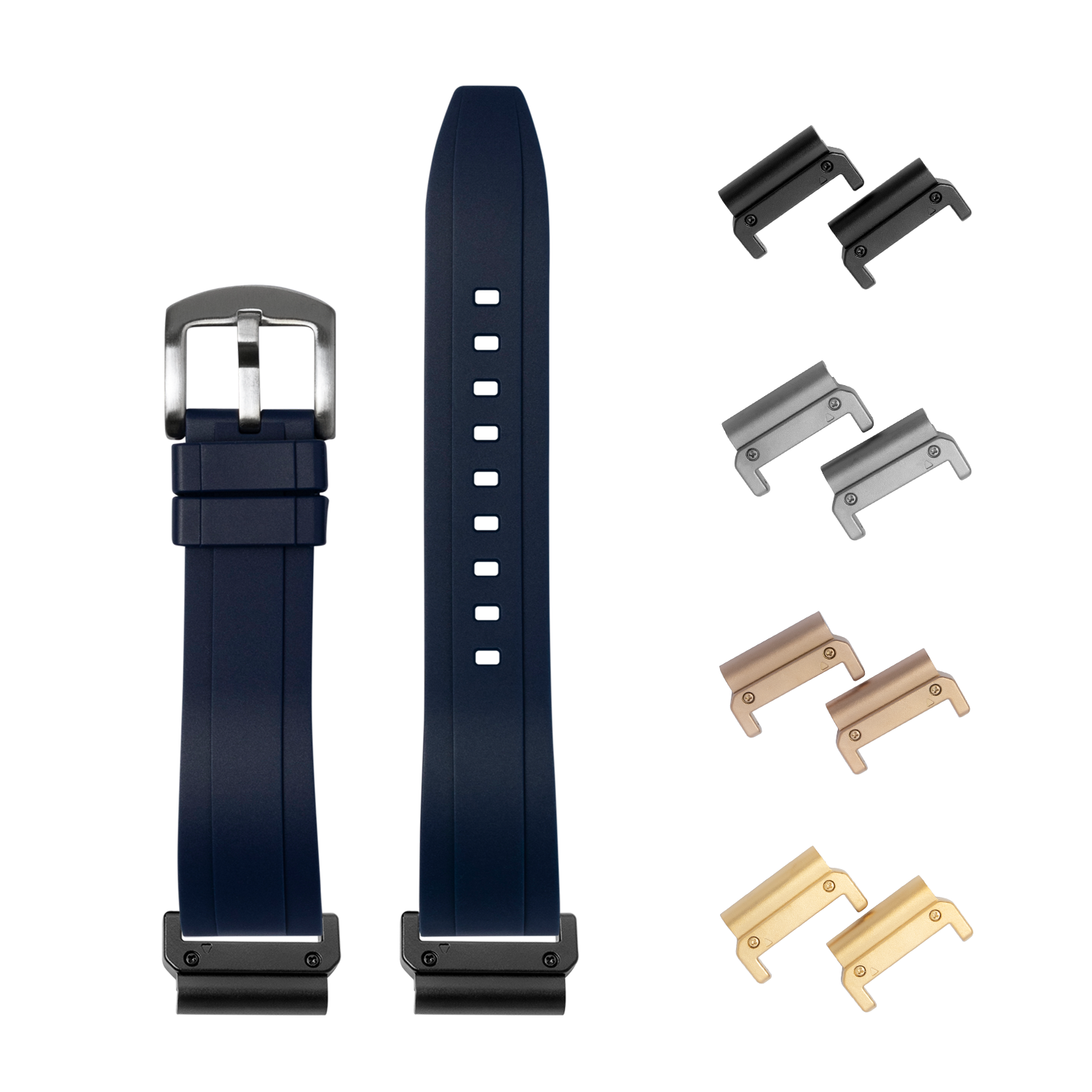 Kingston FKM rubber watch band midnight blue 26mm with interchangeable metal lugs in black, silver, rose gold and gold finishes