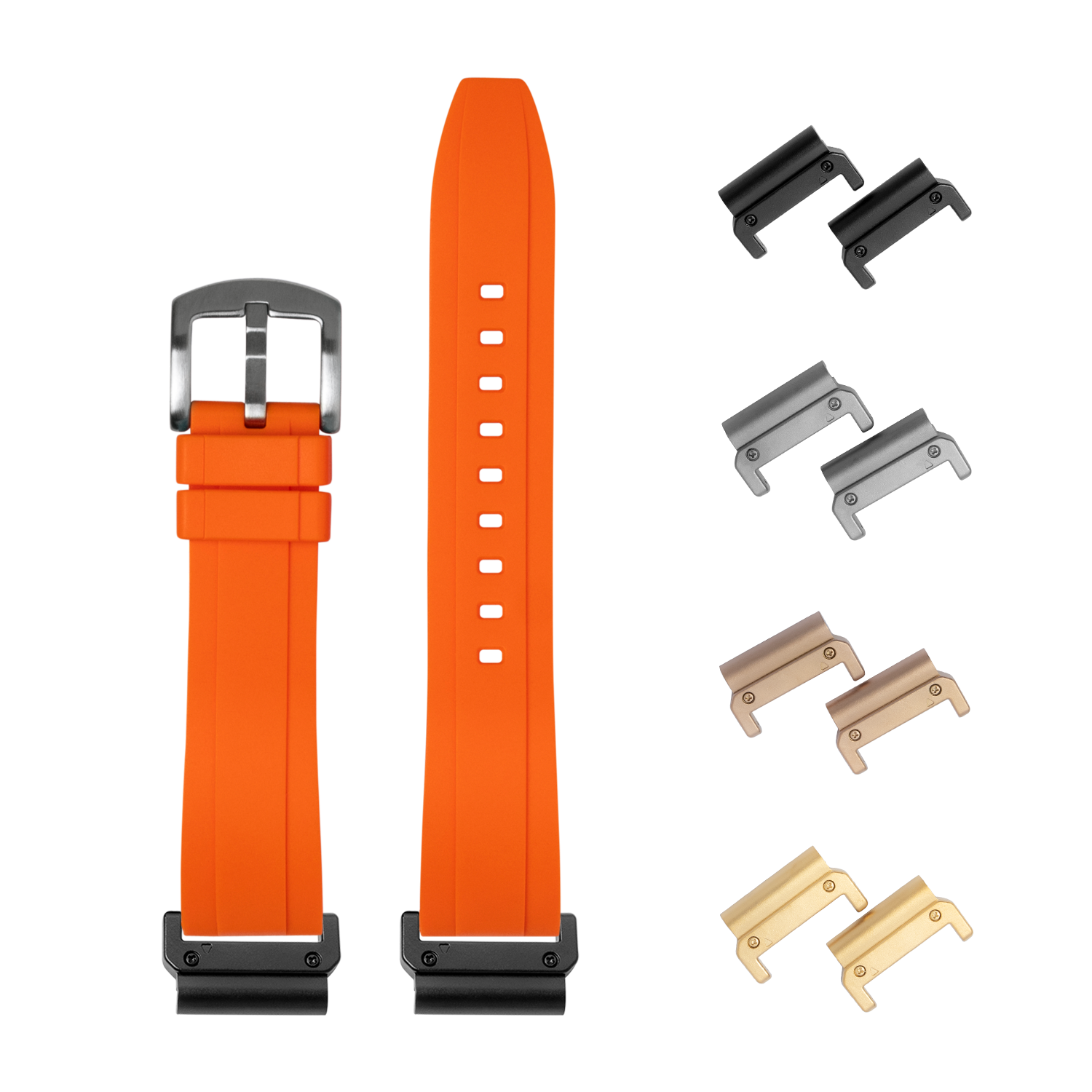 Orange QuickFit Kingston FKM rubber watch band 26mm with interchangeable metal lugs in black, silver, bronze and gold finishes