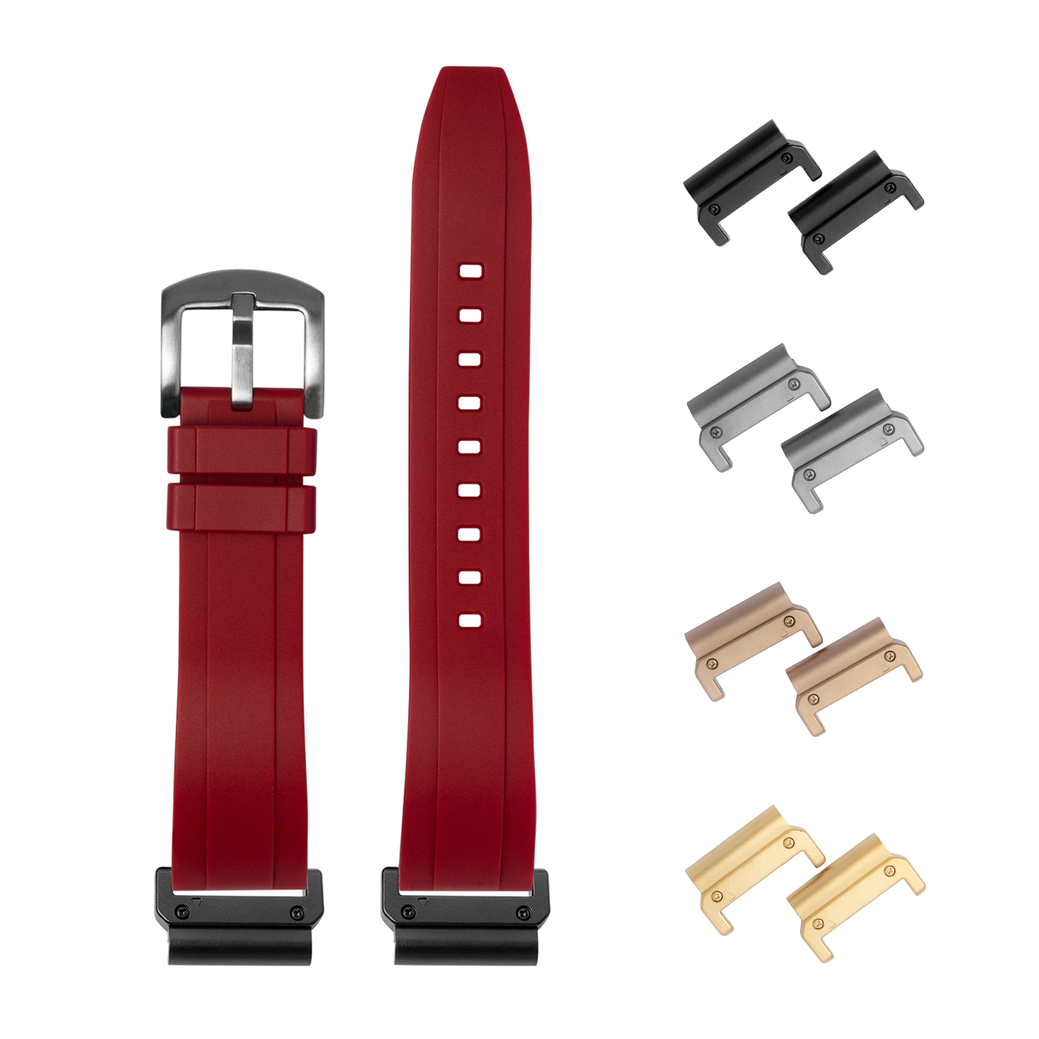 Red silicone watch band 26mm with stainless steel buckle and interchangeable metal lugs in black, silver, rose gold and gold