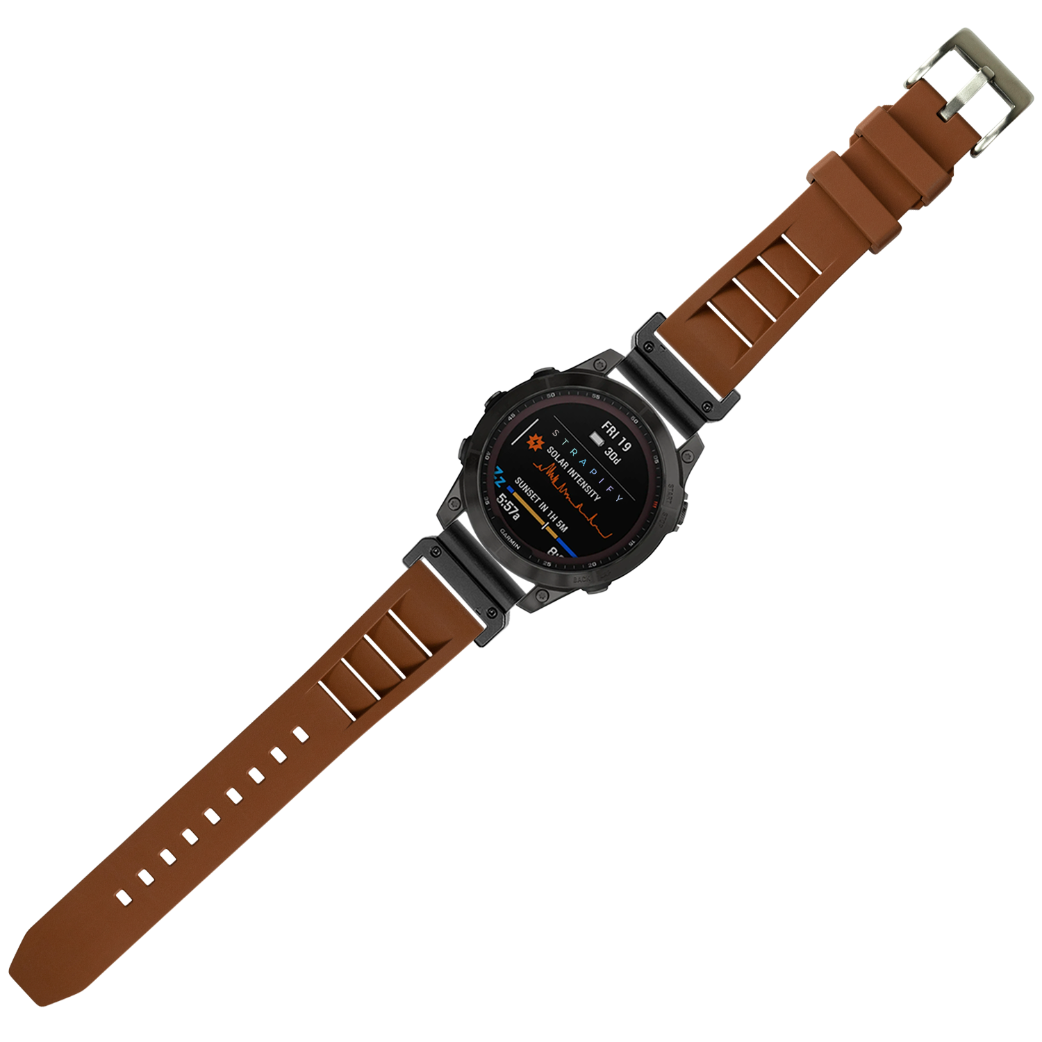 Black digital sport watch with brown QuickFit shark fin FKM rubber strap and metal buckle, 26mm band width