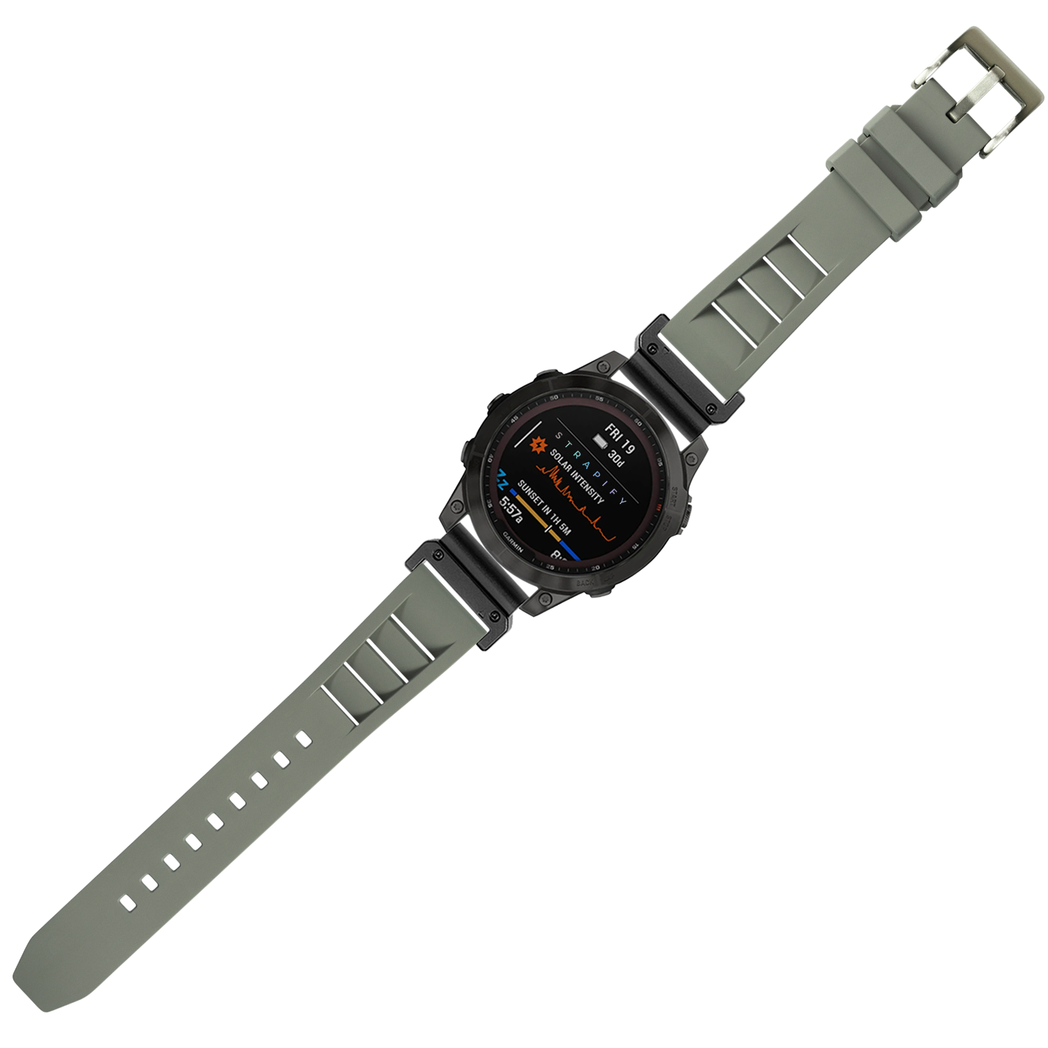 QuickFit Shark Fin FKM rubber watch strap in grey 26mm with black digital face smartwatch display