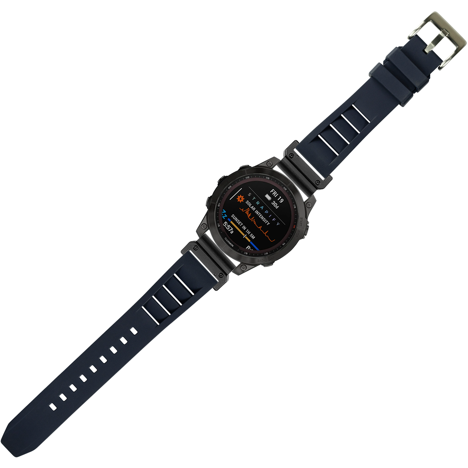 QuickFit Shark Fin FKM rubber watch strap 26mm navy blue with stainless steel buckle on tactical sports watch