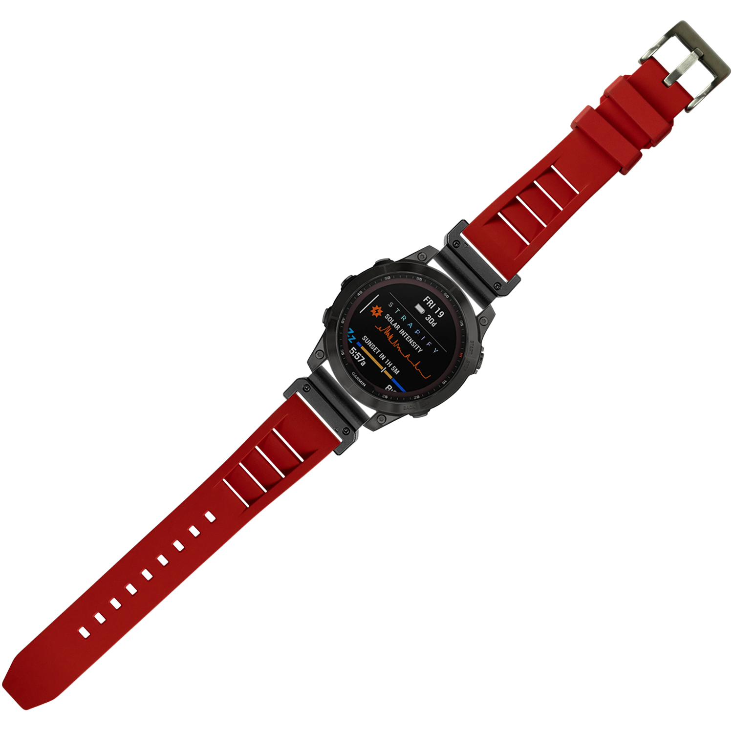 Red 26mm QuickFit Shark Fin FKM rubber watch band with stainless steel buckle on tactical smartwatch