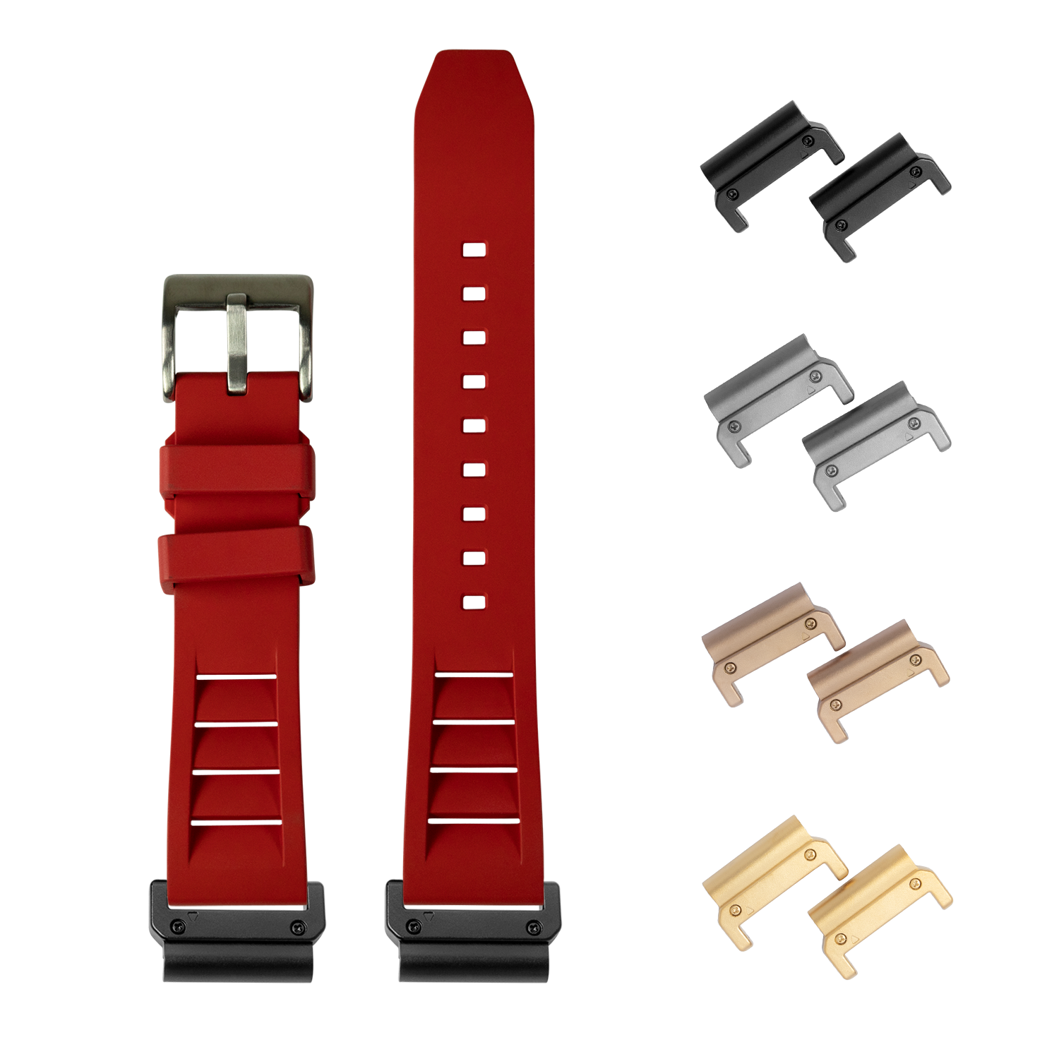 Red QuickFit rubber watch strap with shark fin design and interchangeable metal lugs in multiple finishes