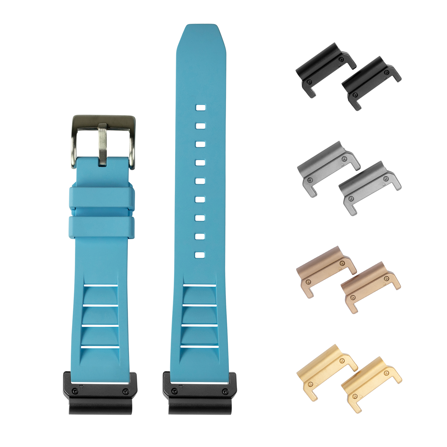 Blue rubber watch band with QuickFit bars, stainless steel buckle, and interchangeable lugs in black, grey, bronze, and gold finishes