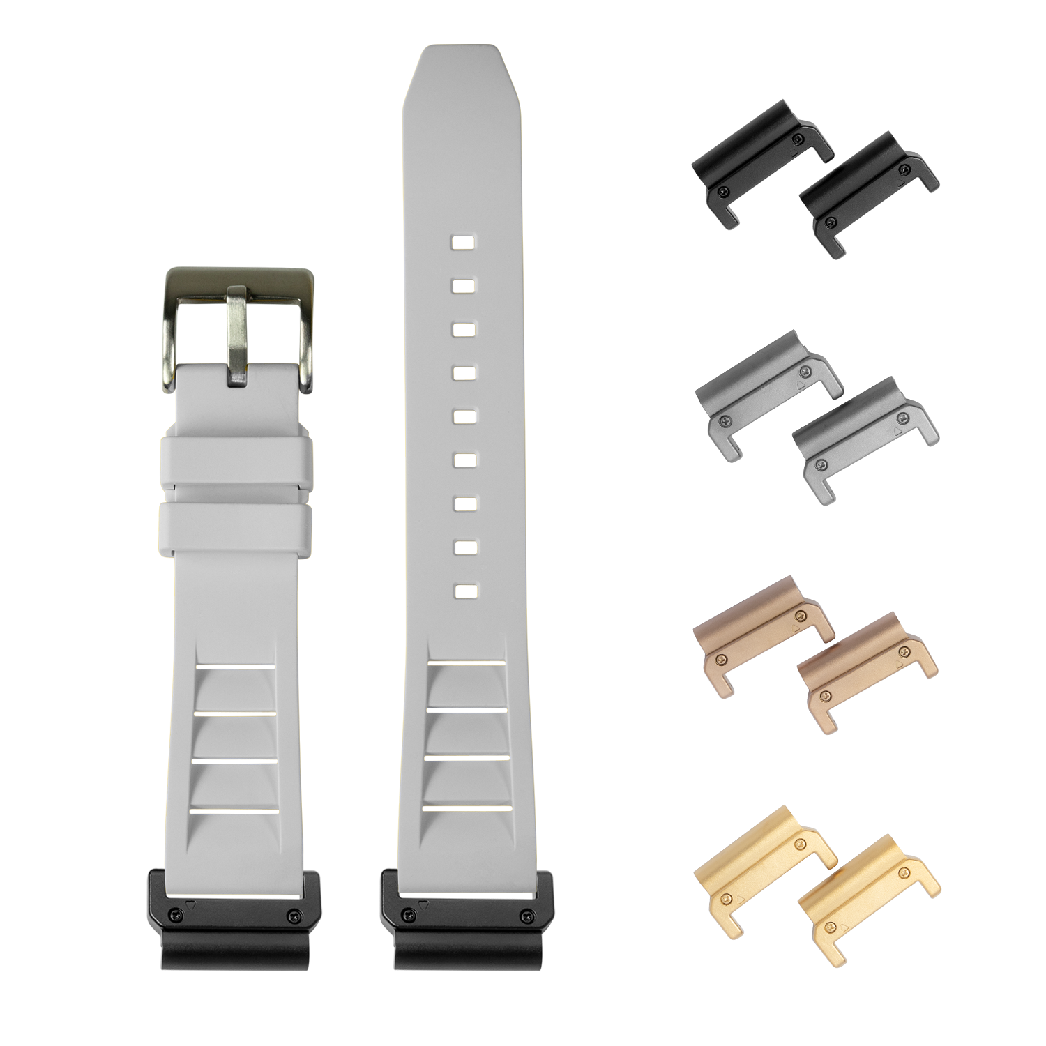 QuickFit Shark Fin white FKM rubber watch strap 26mm with interchangeable lugs in black, gray, bronze and gold finishes