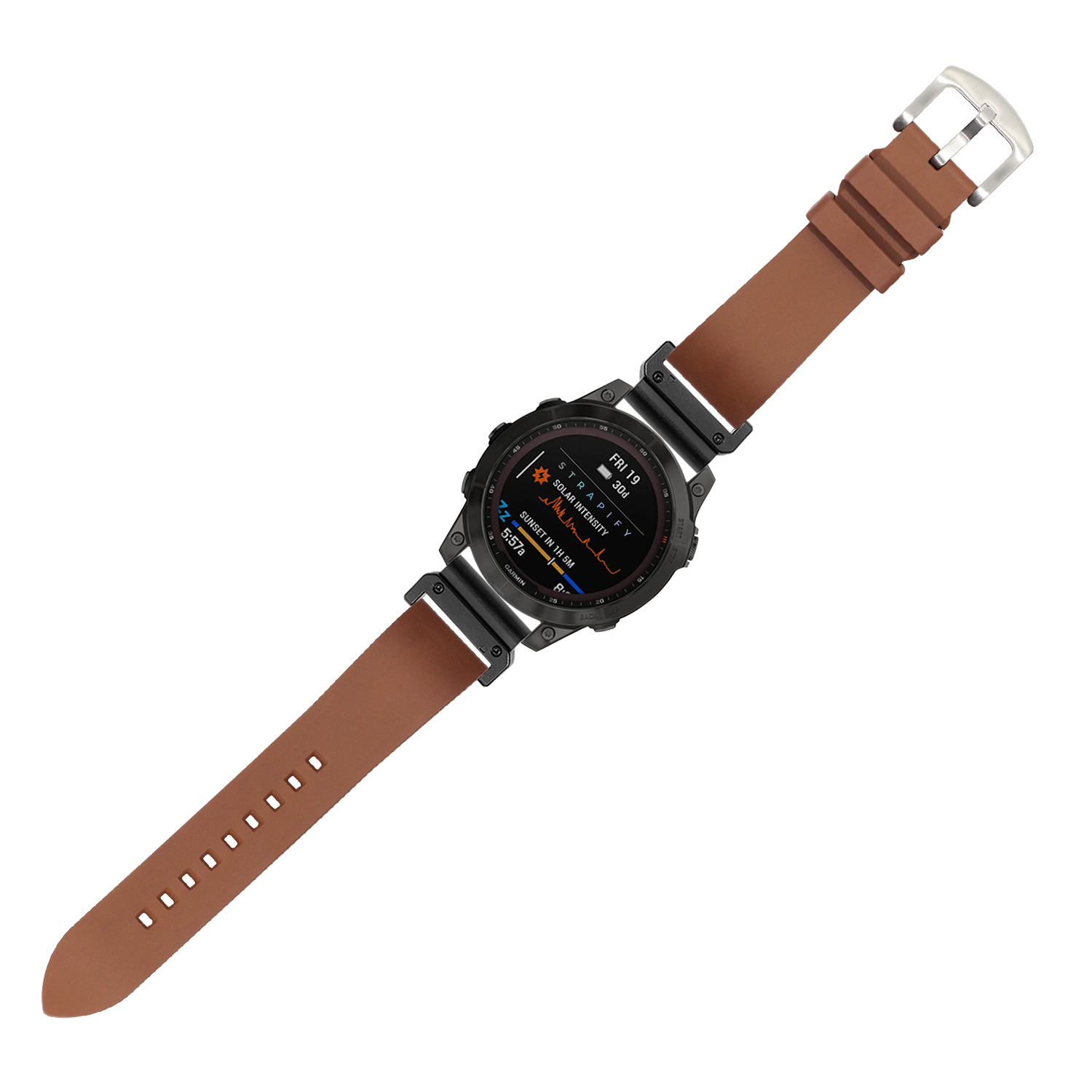 Tactical smartwatch with black case and brown FKM rubber QuickFit strap displaying orange digital interface