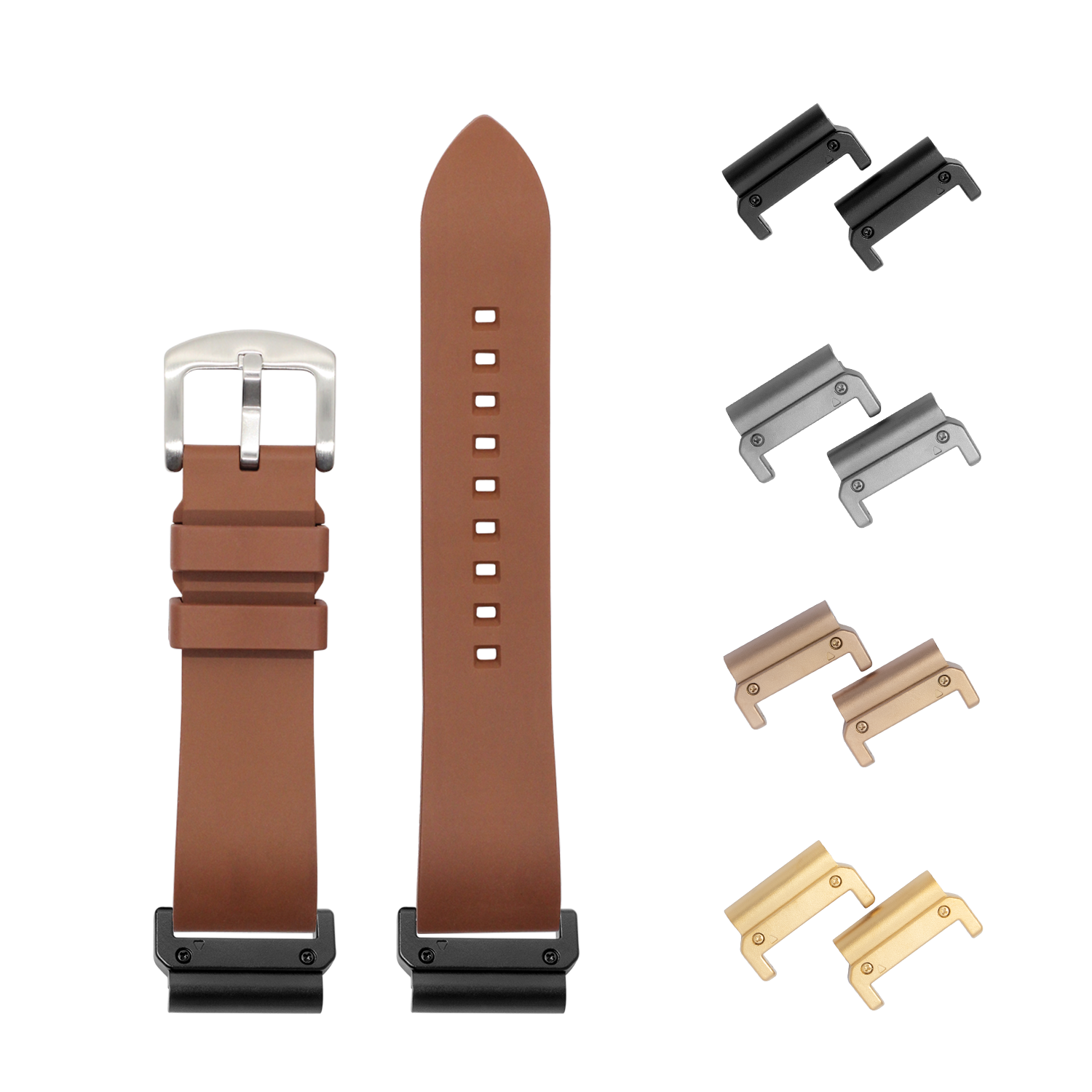 Brown leather quick release watch strap with silver buckle and interchangeable metal lugs in black, silver, rose gold and gold finishes