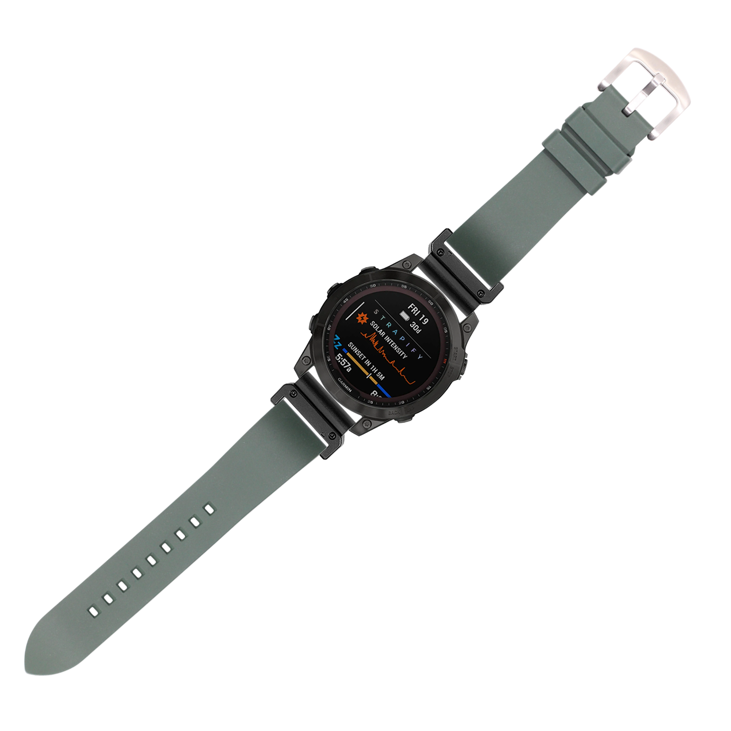 Black digital smartwatch with forest green rubber band and QuickFit strap system, displaying orange data metrics on AMOLED screen