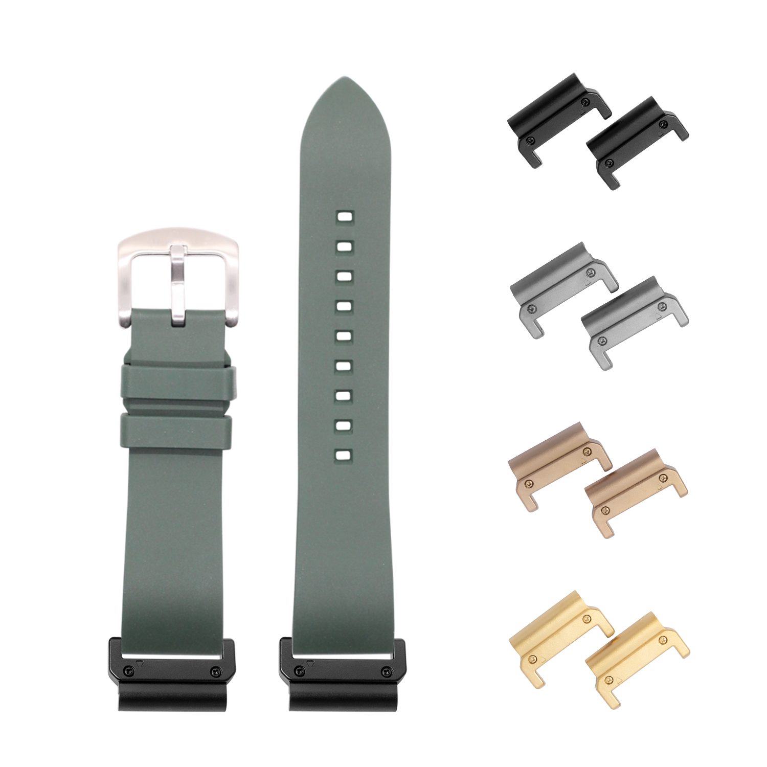 QuickFit prairie forest green FKM rubber watch band 26mm with interchangeable metal lugs in black, silver, bronze and gold
