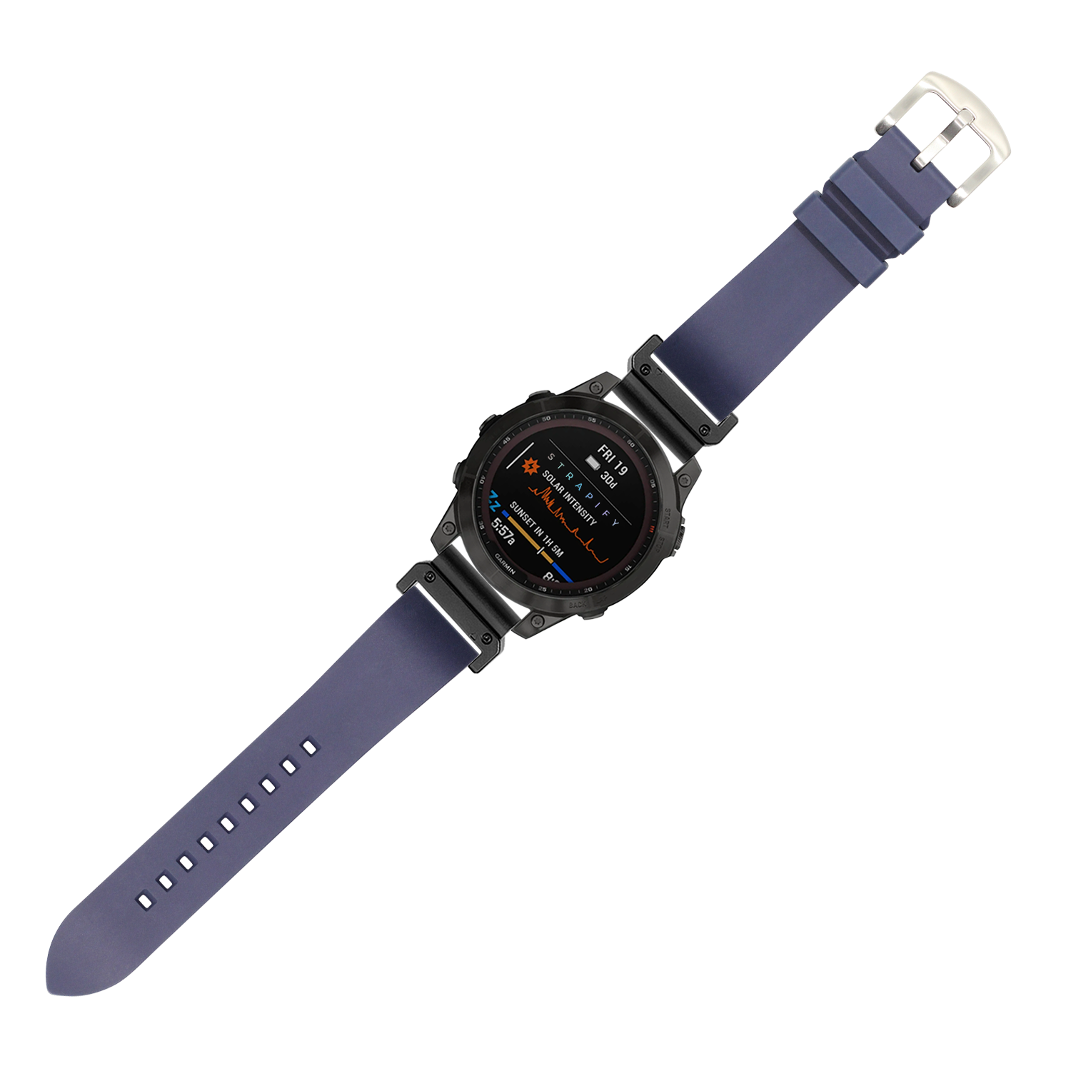 Military-style smartwatch with black case and navy blue FKM rubber QuickFit strap displaying AMOLED screen with fitness metrics