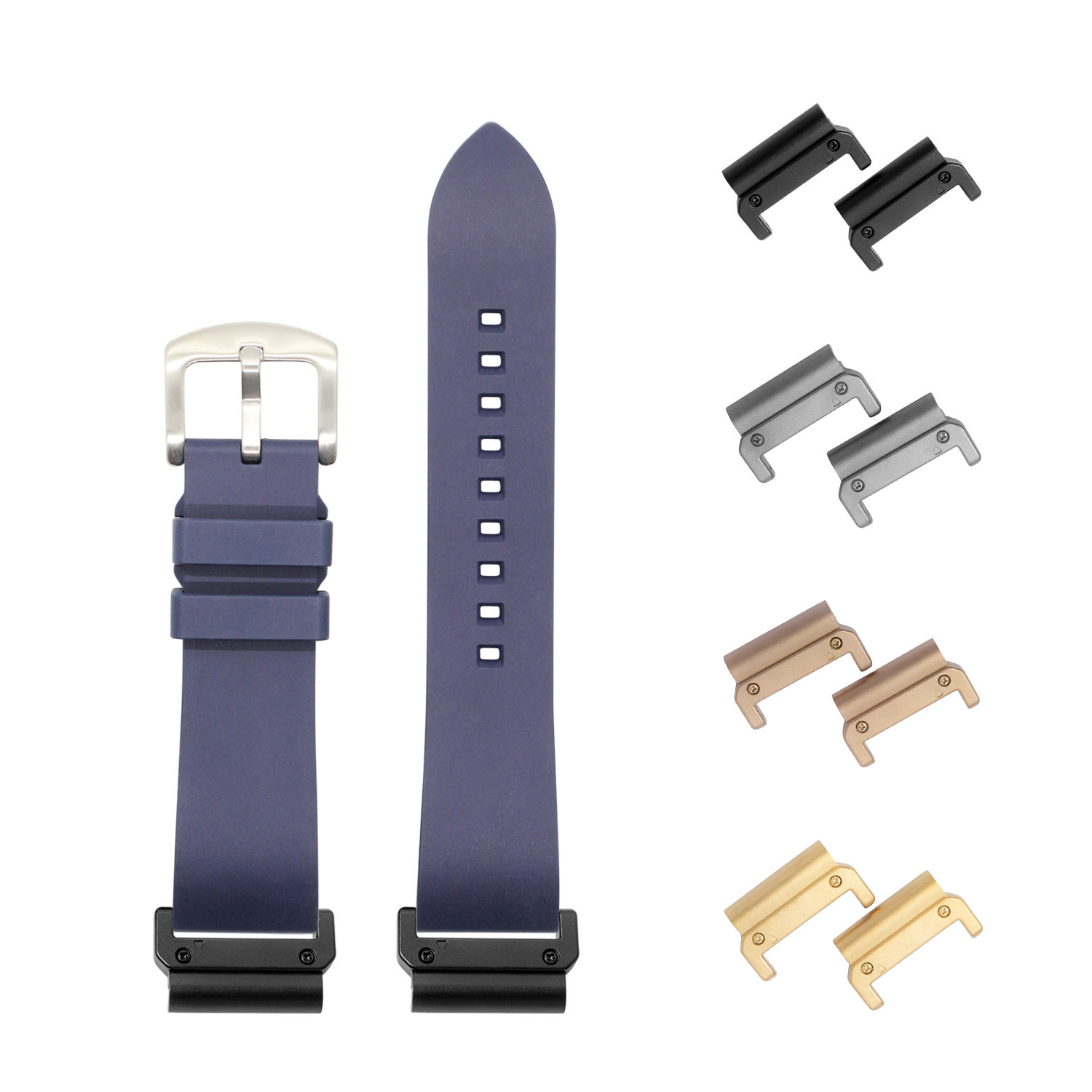 Navy blue FKM rubber quick-fit watch band 26mm with interchangeable metal lugs in silver, black, bronze and gold