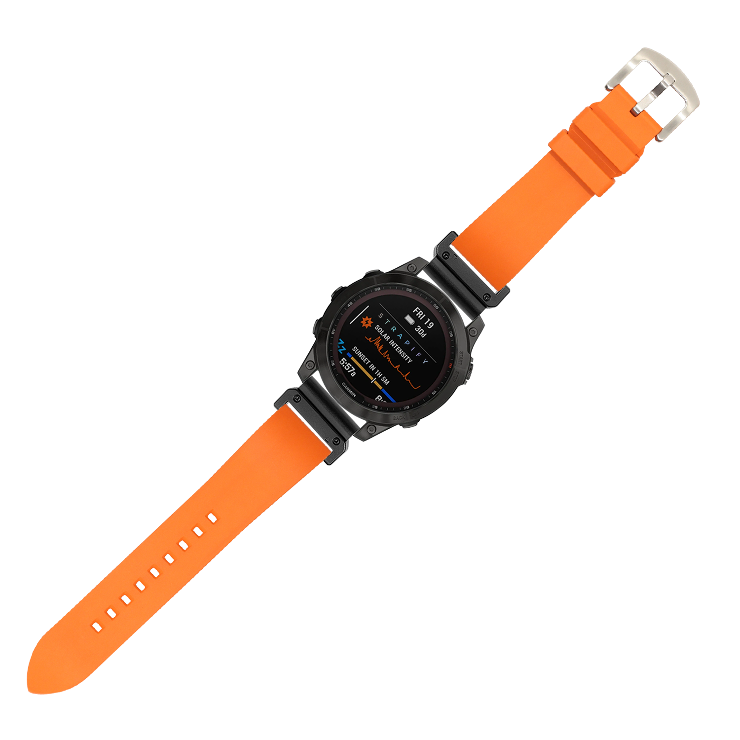Black digital smartwatch with orange FKM rubber quick-fit strap and stainless steel buckle