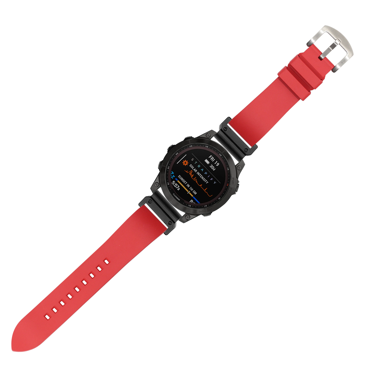 Red FKM rubber watch strap 26mm with QuickFit connector system and silver buckle displayed on black digital sports watch