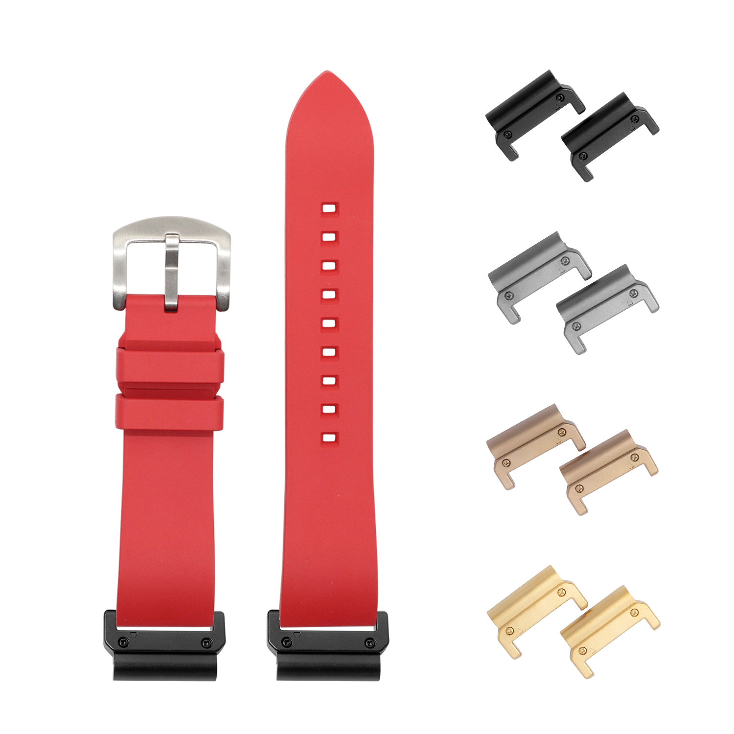 QuickFit Prairie red FKM rubber watch band 26mm with interchangeable metal lugs in black, silver, bronze and gold finishes