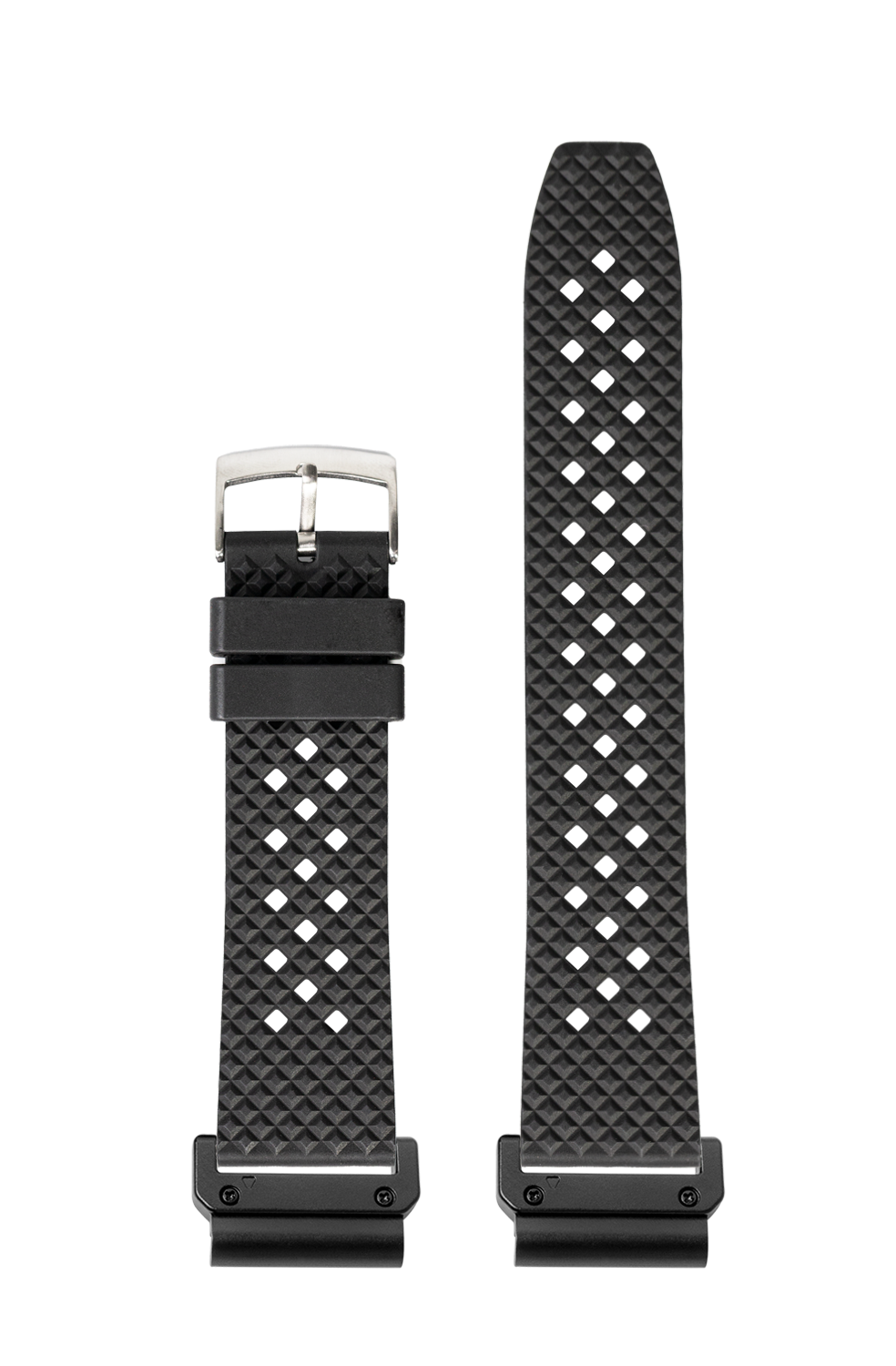 Black rubber watch band with quilted texture and white diamond pattern, 22mm QuickFit strap with stainless steel buckle