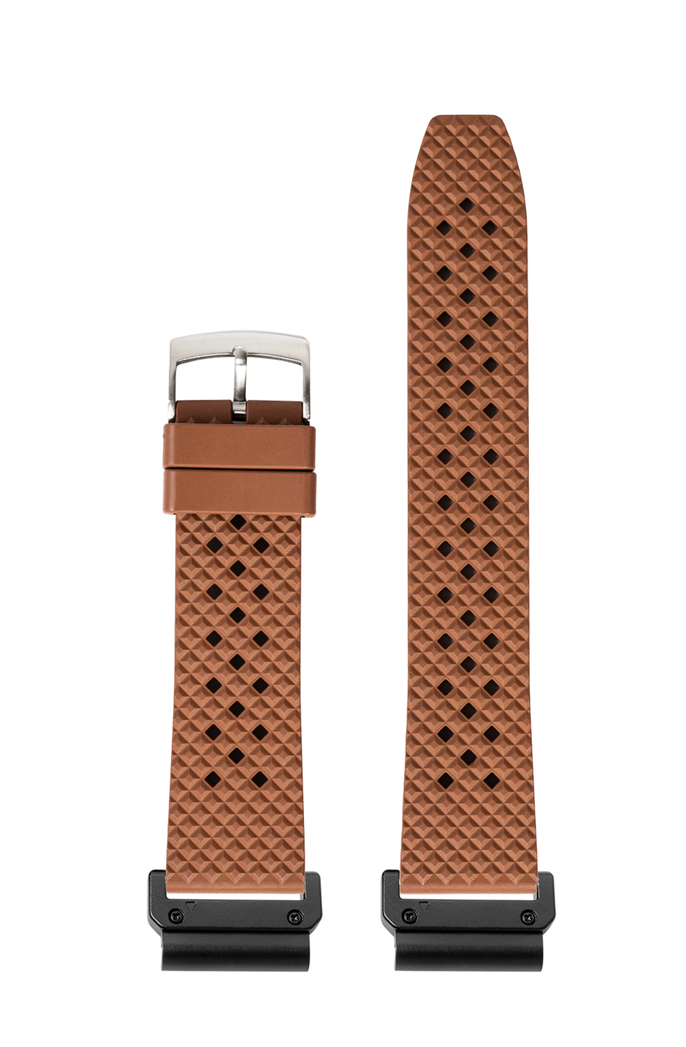 Brown quilted rubber quick-fit watch band 22mm with stainless steel buckle and black connector lugs