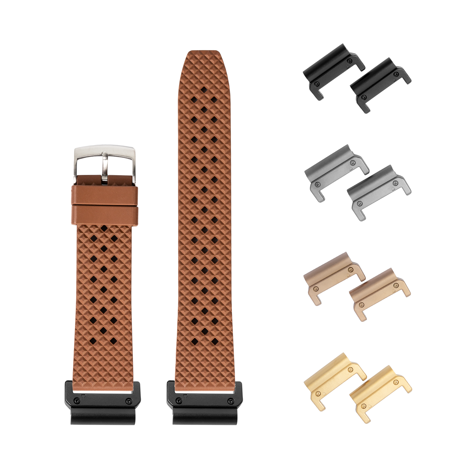 Brown leather watch band with quilted pattern and interchangeable metal lugs in black, silver, rose gold, and gold finishes
