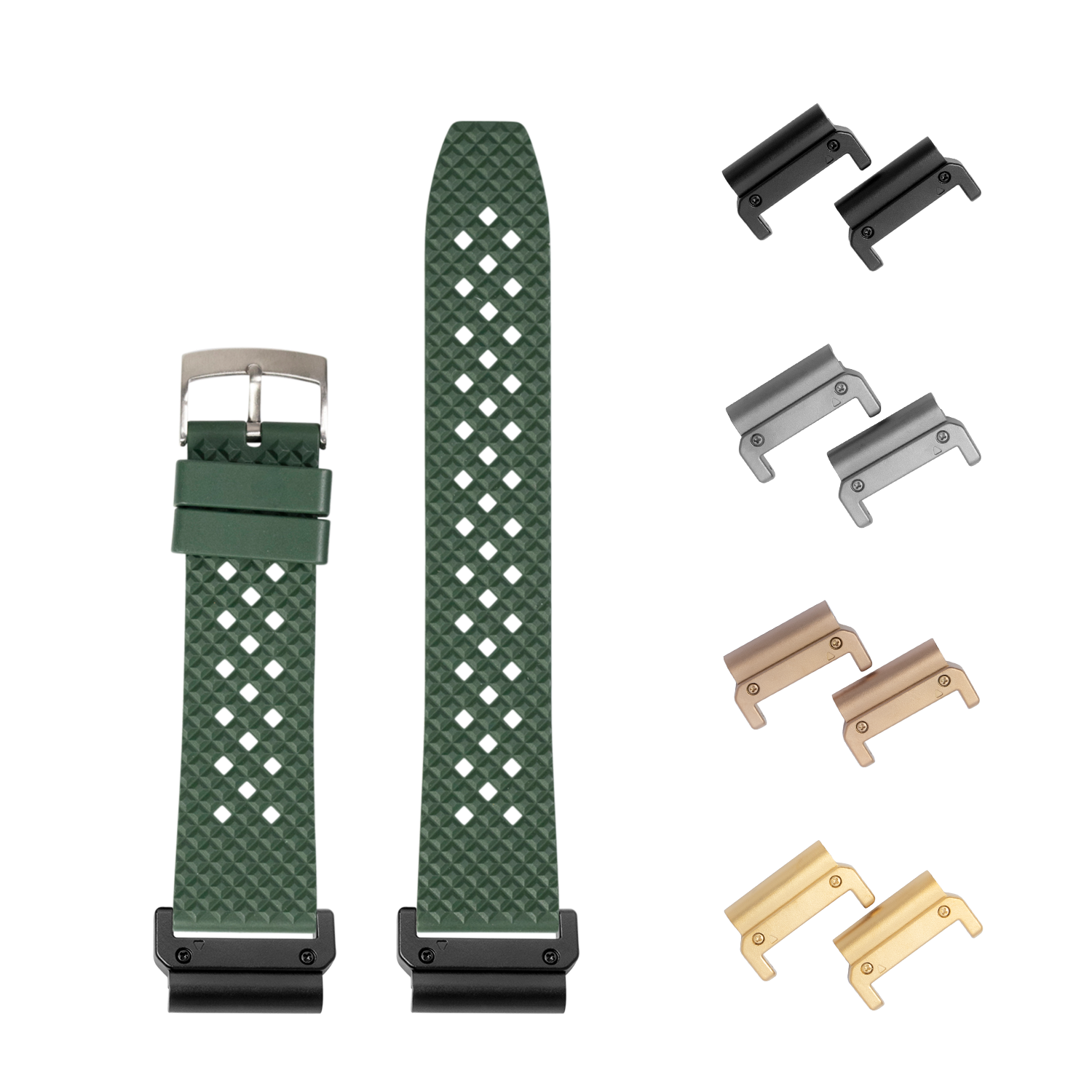 Green QuickFit silicone rubber watch band 22mm with interchangeable metal lugs in black, silver, bronze and gold finishes