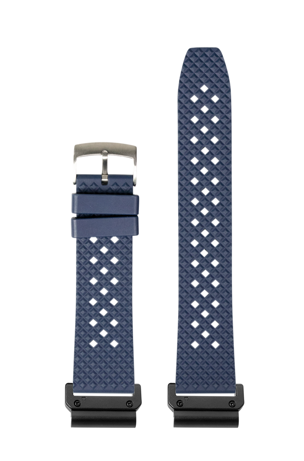 Navy blue rubber watch band with diamond pattern and white perforations, quick-fit connector and steel hardware
