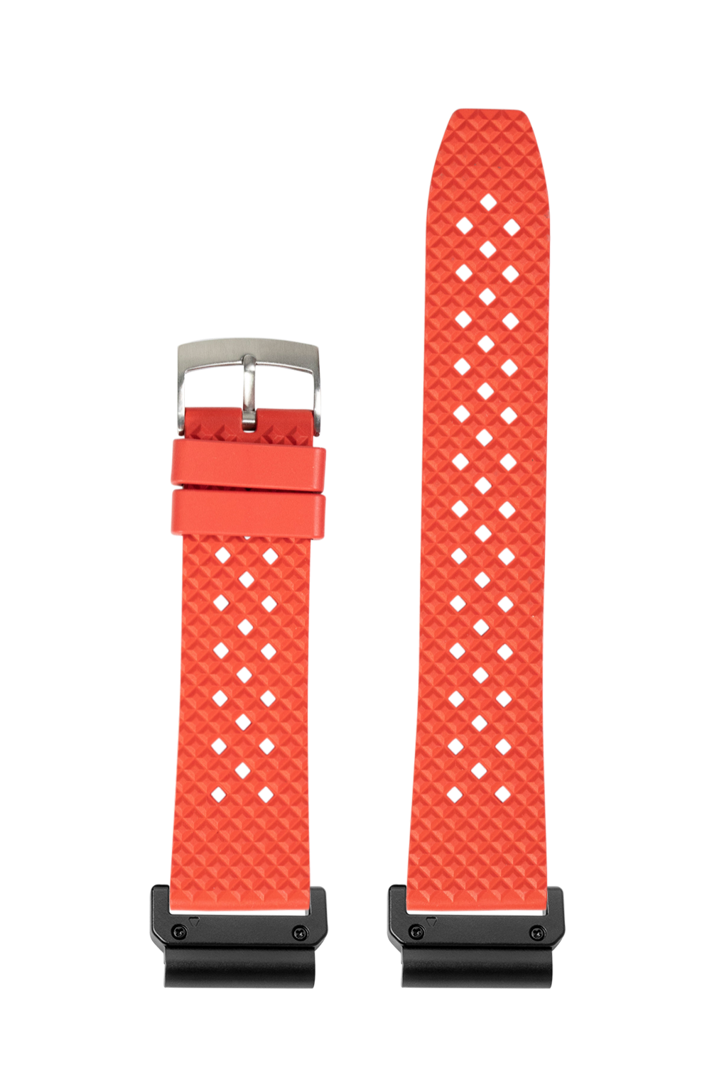 Bright red perforated rubber watch band with white diamond pattern, quickfit system, and titanium buckle displayed flat