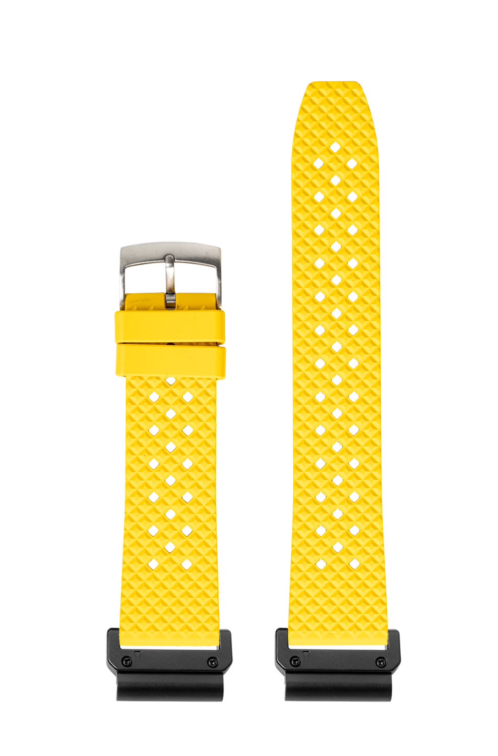 Bright yellow QuickFit King Honeycomb FKM rubber watch strap 22mm with white diamond pattern and titanium buckle