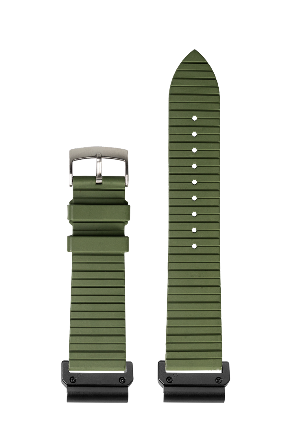 QuickFit King Panelarc FKM rubber watch band in army green with white studs and stainless steel buckle, shown on connector lugs