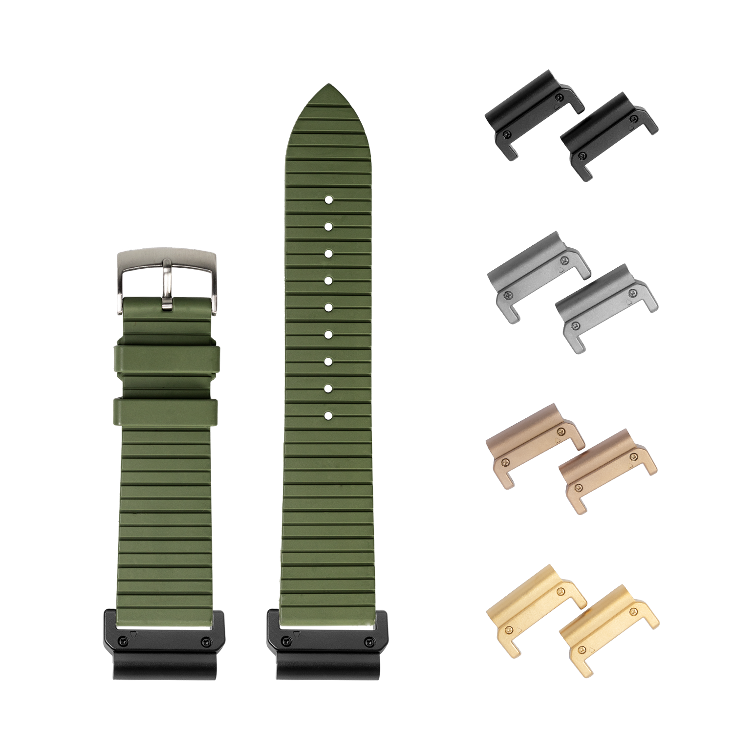 Green rubber watch band with quick-release spring bars and interchangeable lugs in black, steel, bronze and gold finishes