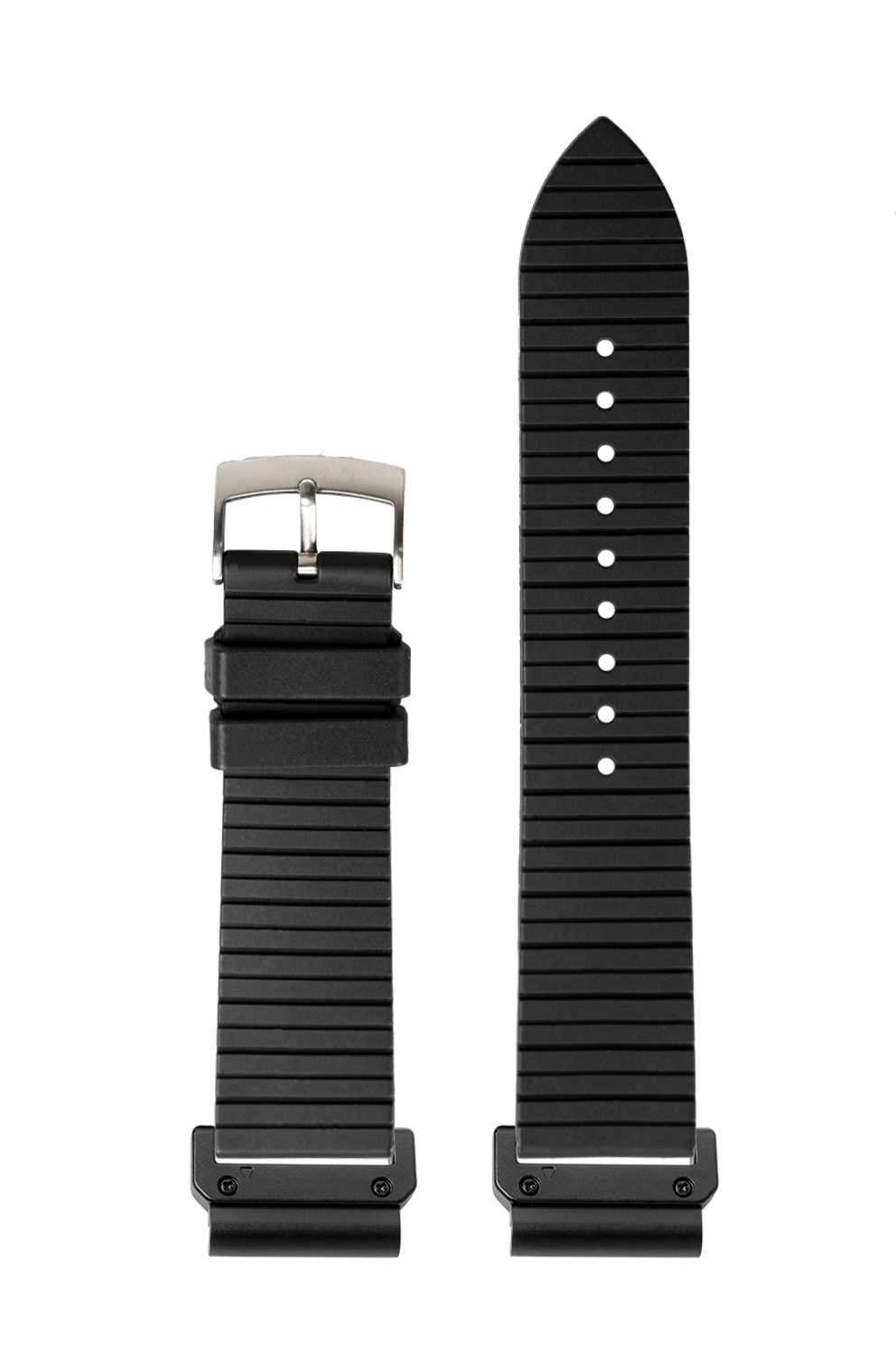 Black rubber smartwatch band with quick-fit connector, 22mm width, featuring horizontal ridges and white adjustment dots